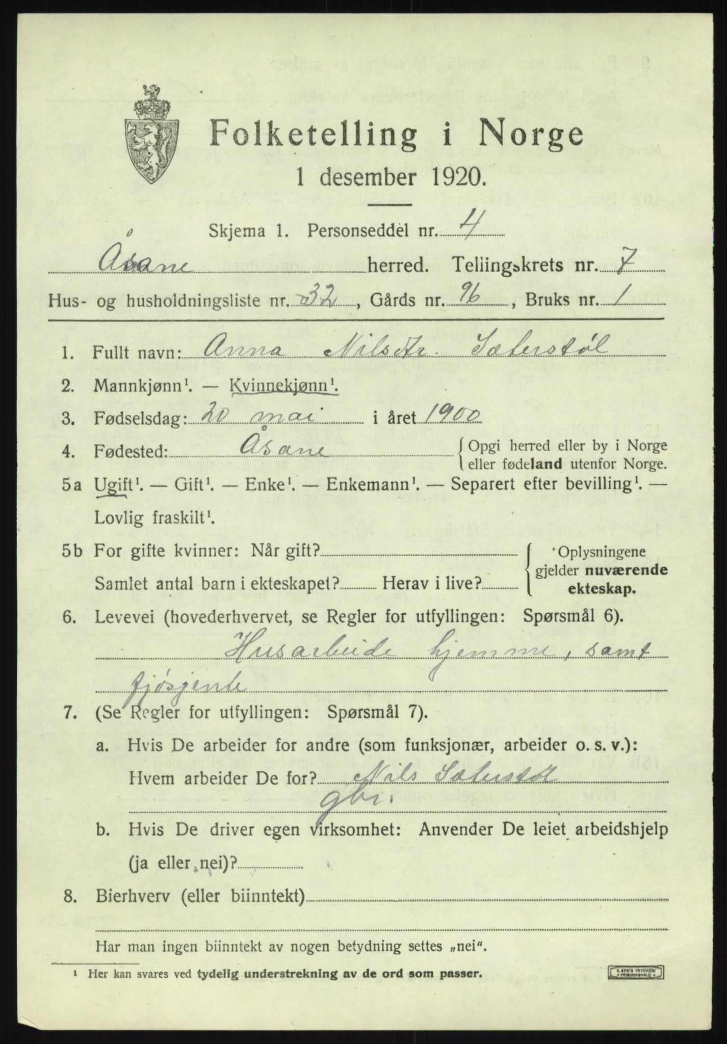 SAB, 1920 census for Åsane, 1920, p. 5467