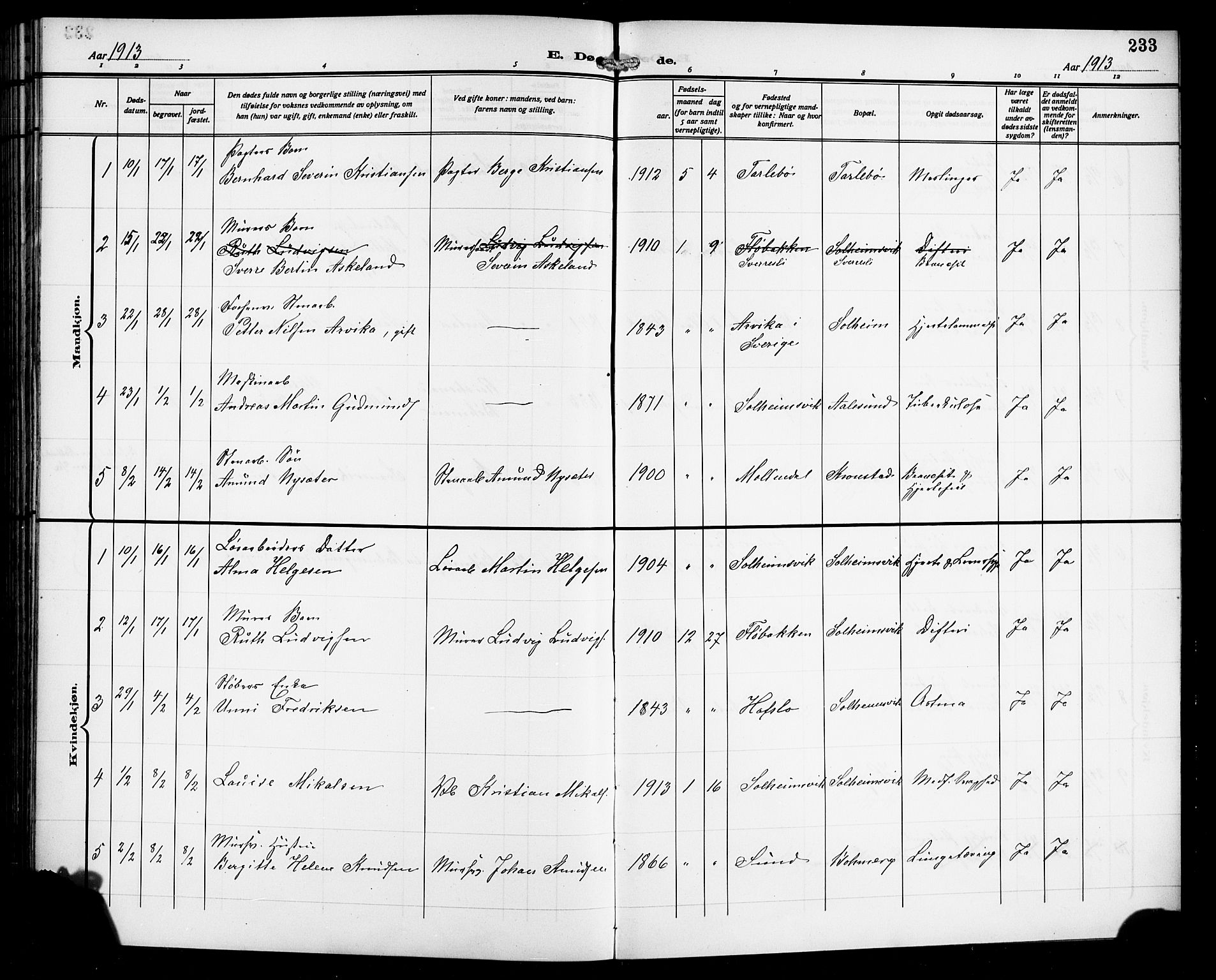 Årstad Sokneprestembete, SAB/A-79301/H/Hab/L0018: Parish register (copy) no. C 1, 1902-1919, p. 233