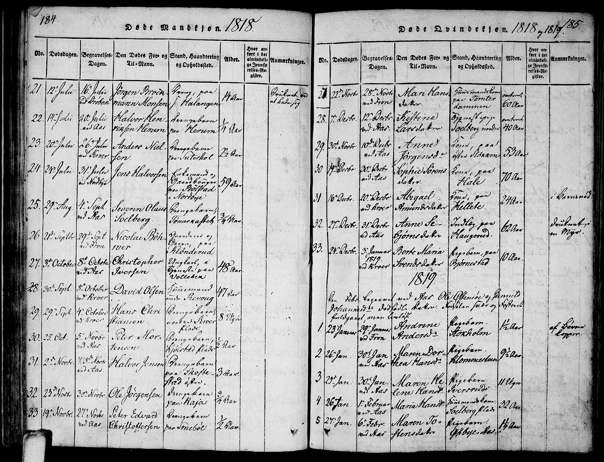 Ås prestekontor Kirkebøker, SAO/A-10894/F/Fa/L0004: Parish register (official) no. I 4, 1818-1826, p. 184-185