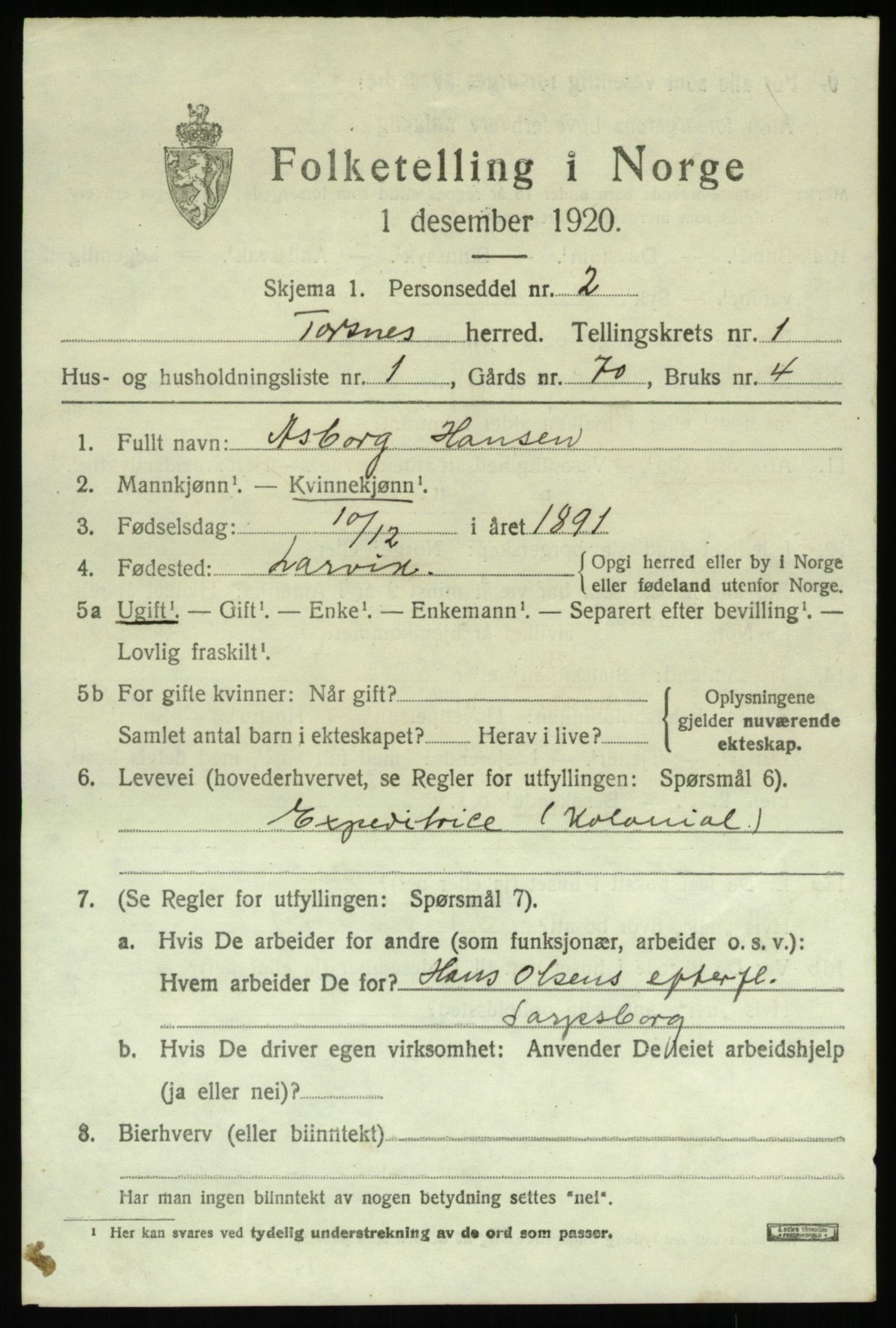 SAO, 1920 census for Torsnes, 1920, p. 487