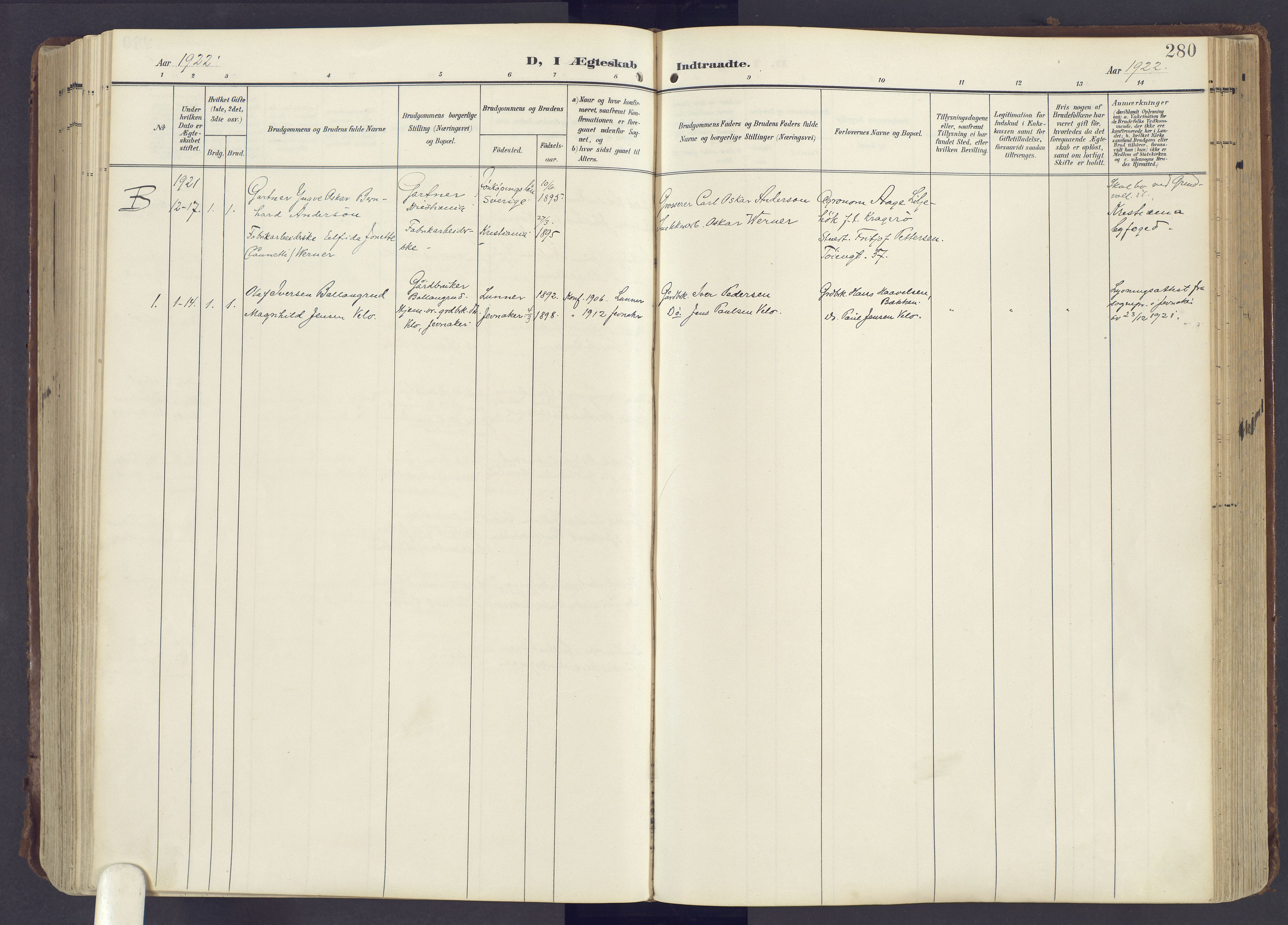Lunner prestekontor, SAH/PREST-118/H/Ha/Haa/L0001: Parish register (official) no. 1, 1907-1922, p. 280