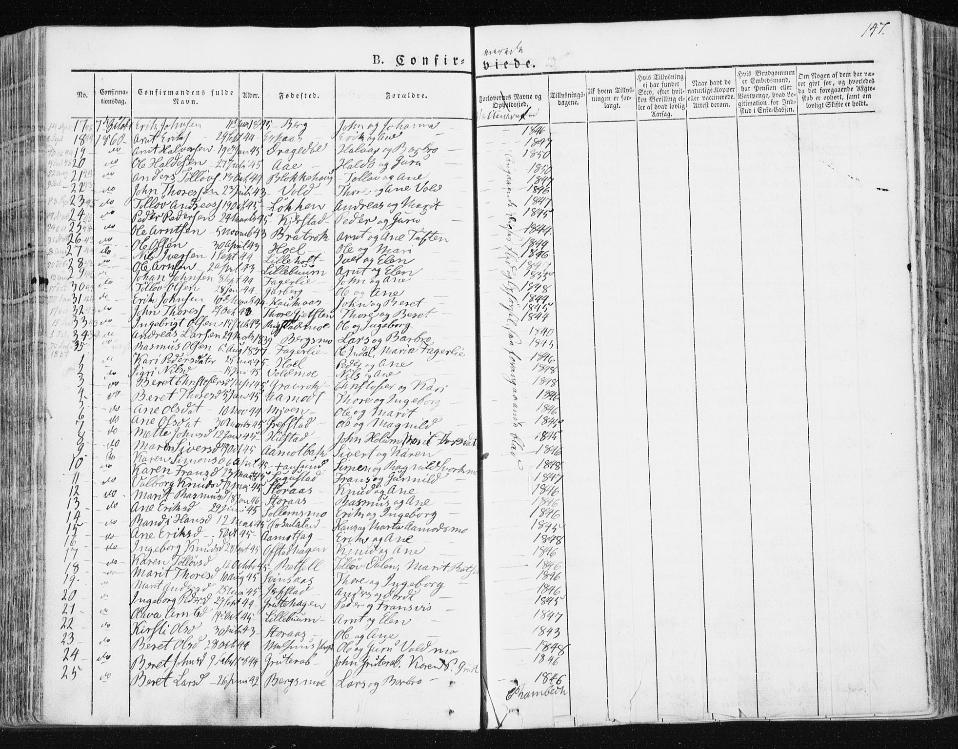 Ministerialprotokoller, klokkerbøker og fødselsregistre - Sør-Trøndelag, SAT/A-1456/672/L0855: Parish register (official) no. 672A07, 1829-1860, p. 147