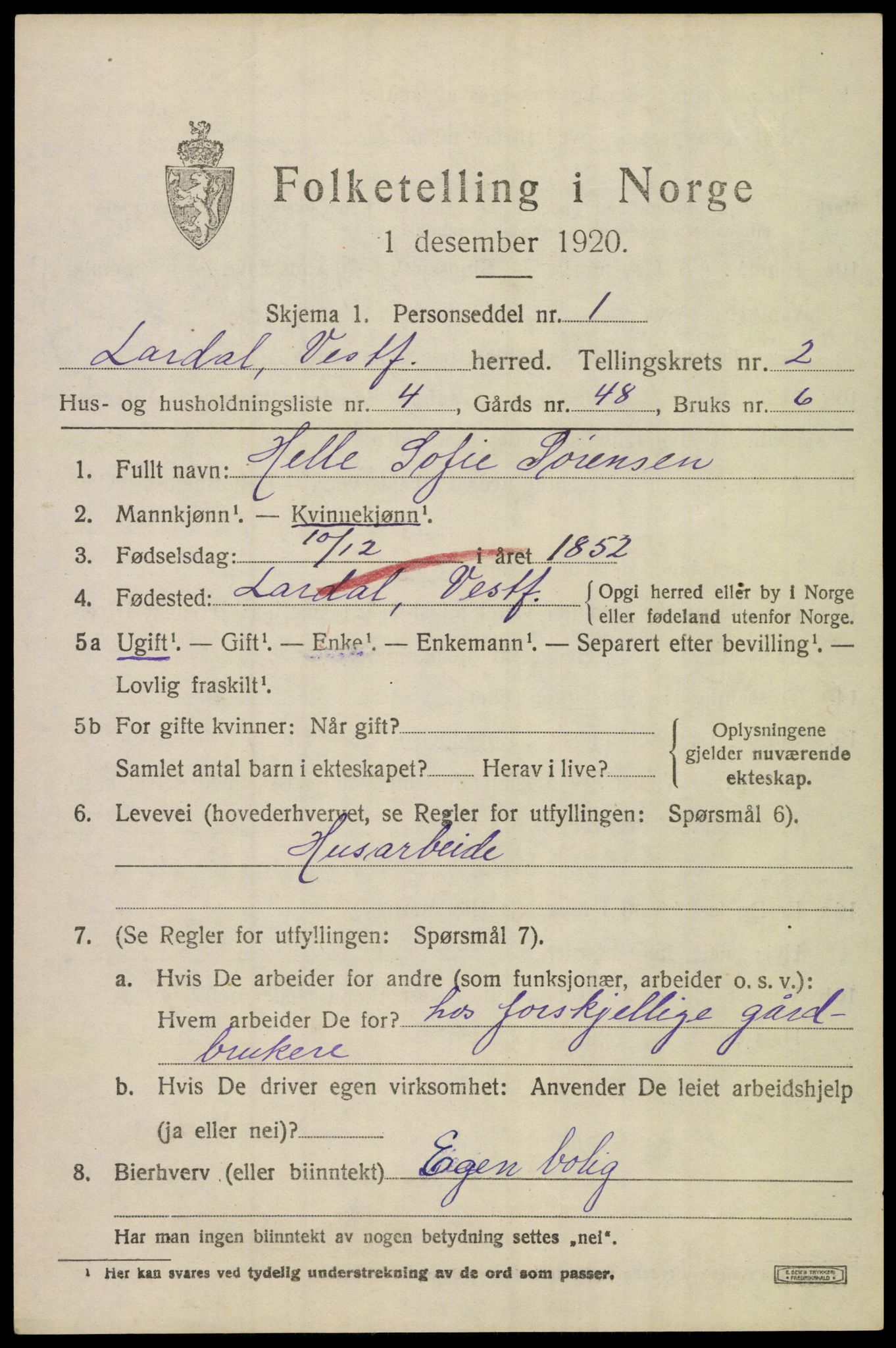 SAKO, 1920 census for Lardal, 1920, p. 2005