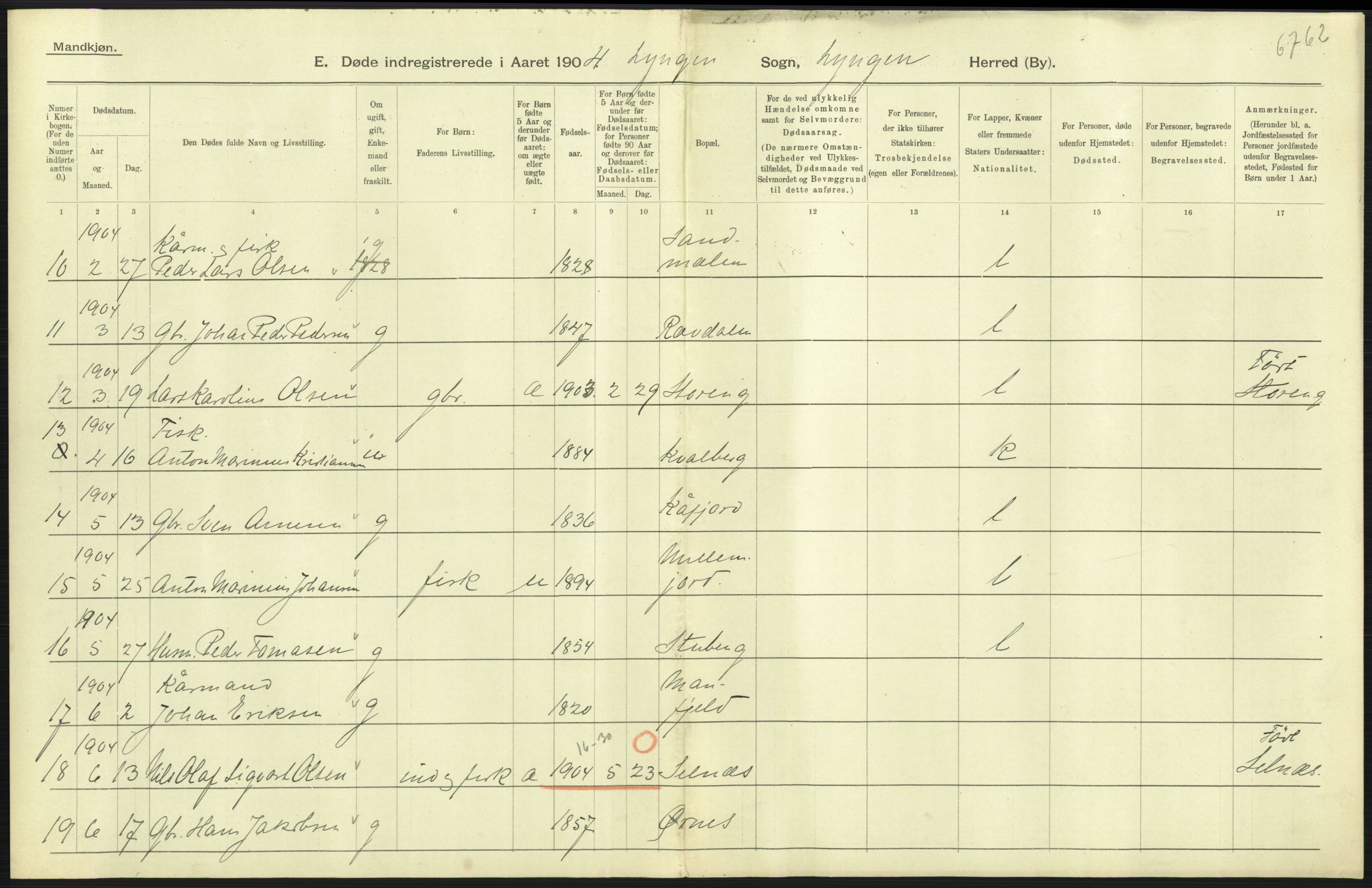 Statistisk sentralbyrå, Sosiodemografiske emner, Befolkning, RA/S-2228/D/Df/Dfa/Dfab/L0022: Tromsø amt: Fødte, gifte, døde, 1904, p. 389