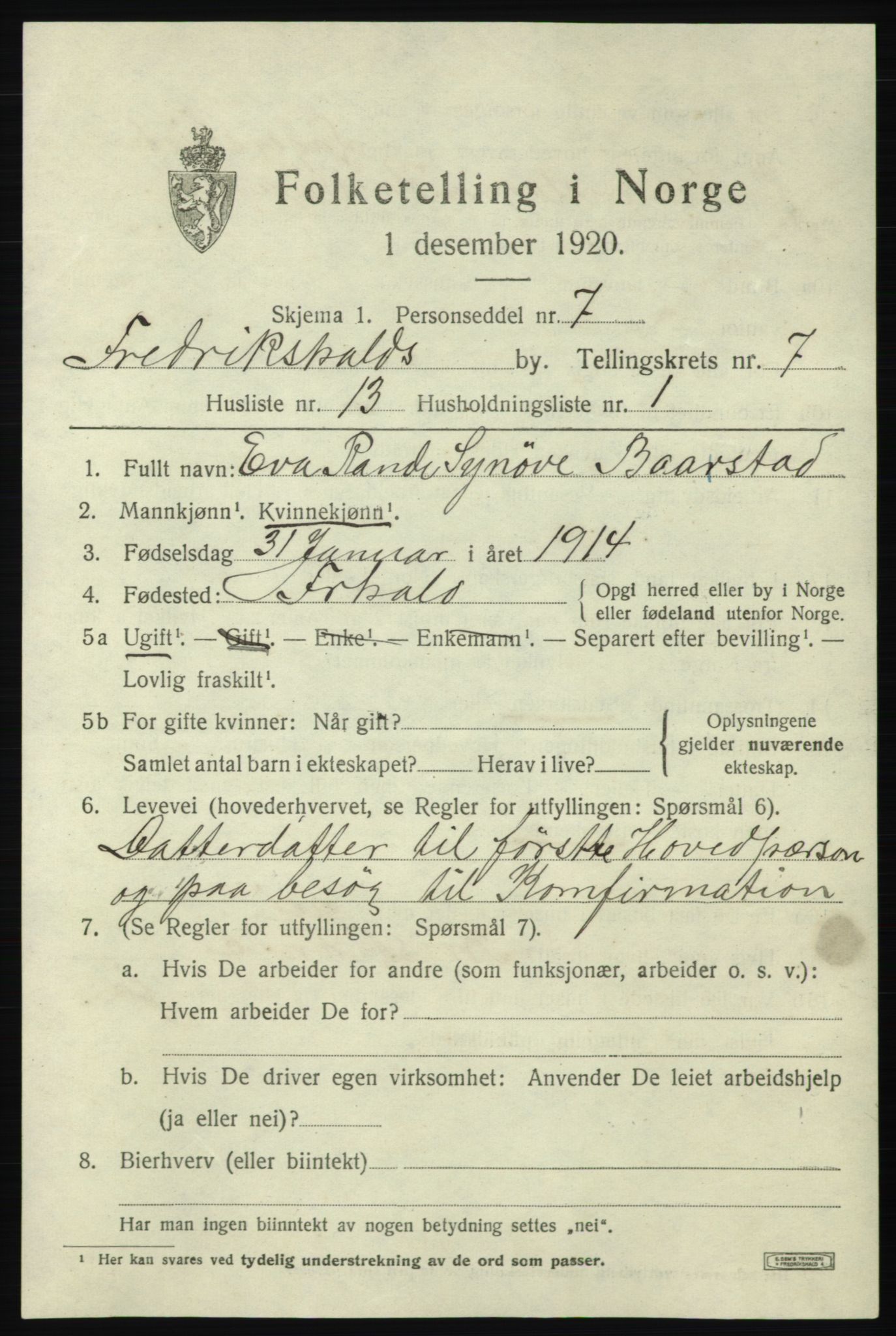 SAO, 1920 census for Fredrikshald, 1920, p. 14108