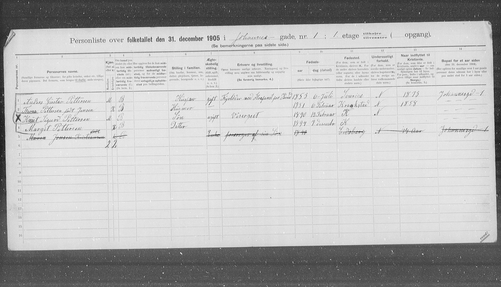 OBA, Municipal Census 1905 for Kristiania, 1905, p. 24722