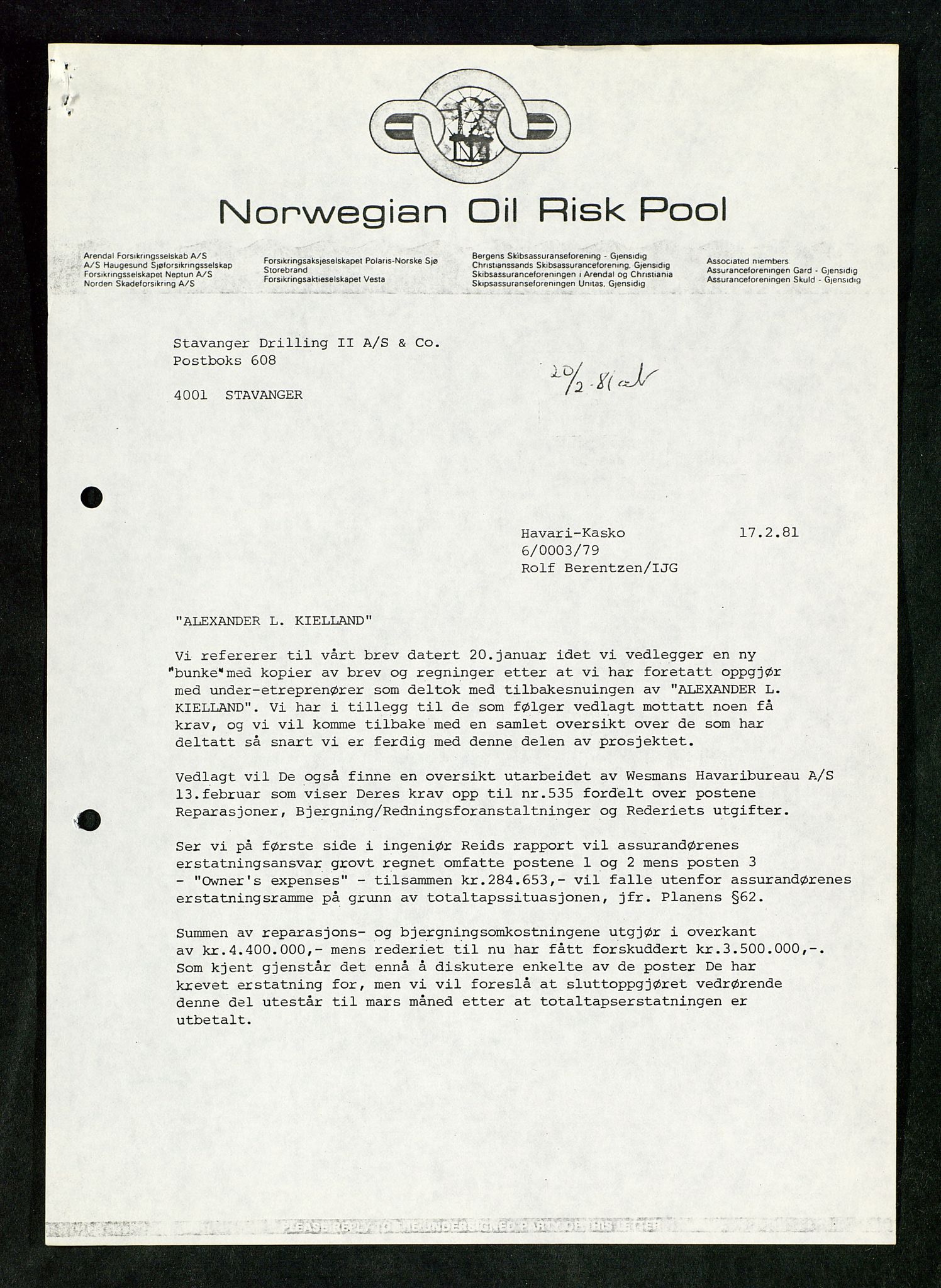 Pa 1503 - Stavanger Drilling AS, SAST/A-101906/Da/L0017: Alexander L. Kielland - Saks- og korrespondansearkiv, 1981-1984, p. 149