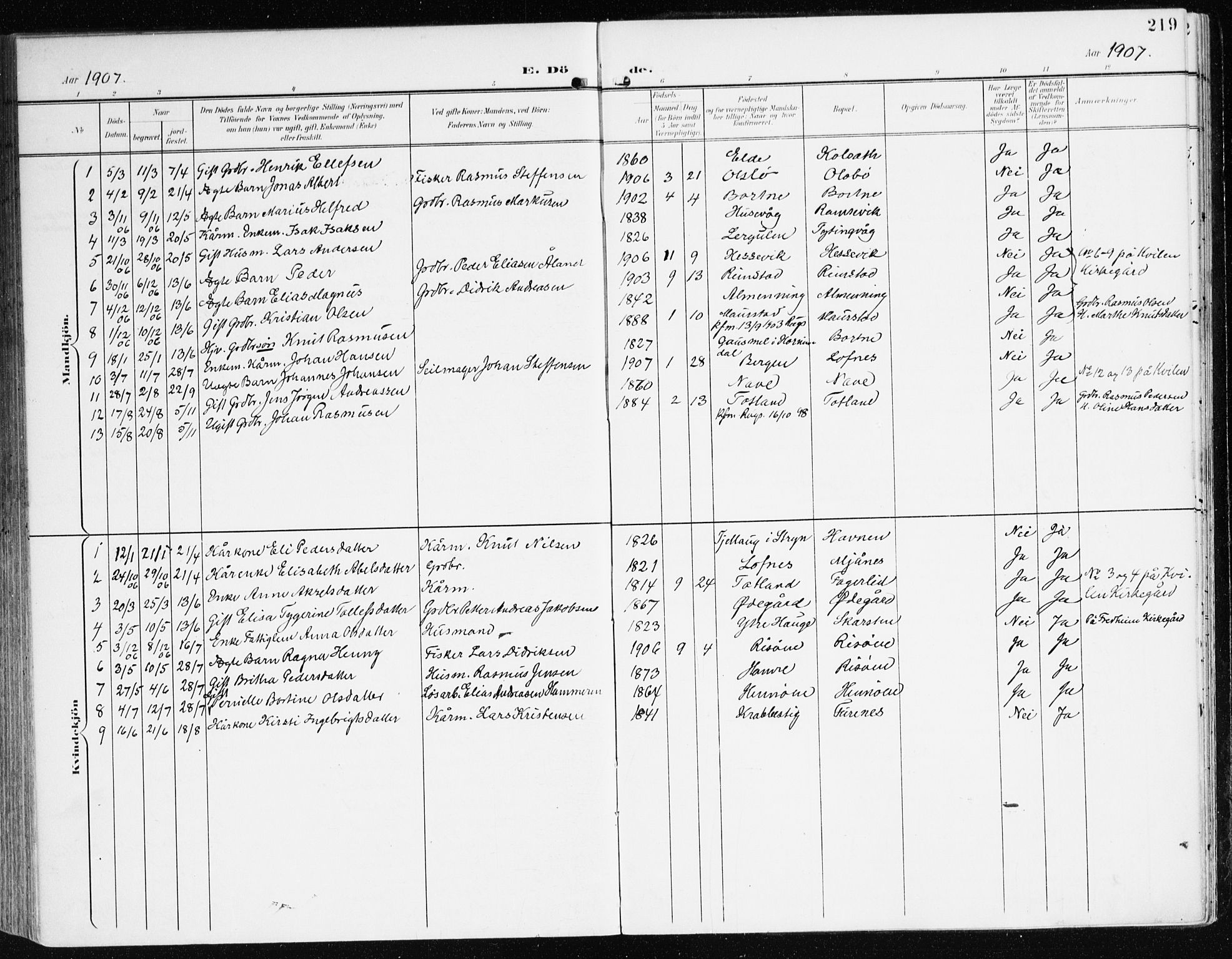 Davik sokneprestembete, AV/SAB-A-79701/H/Haa/Haad/L0002: Parish register (official) no. D 2, 1901-1930, p. 219