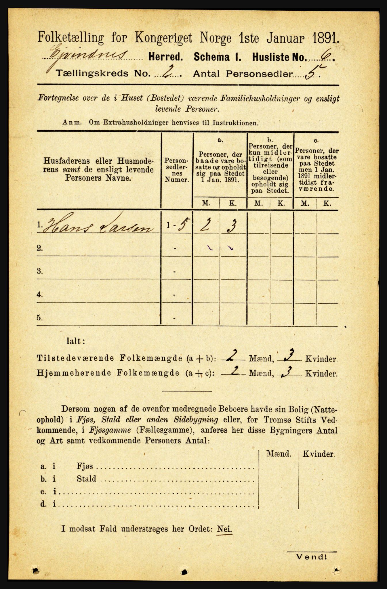 RA, 1891 census for 1853 Evenes, 1891, p. 389