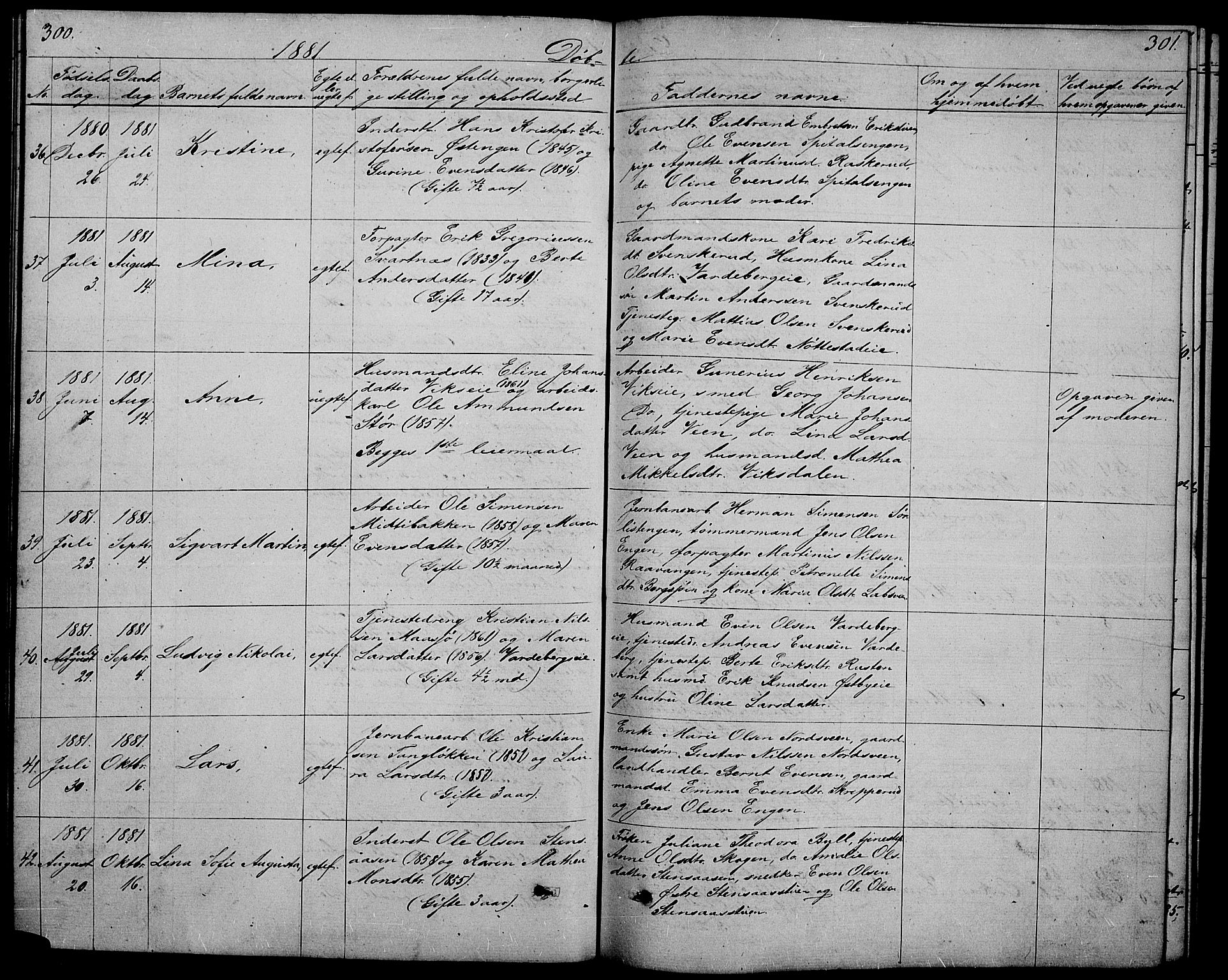 Stange prestekontor, AV/SAH-PREST-002/L/L0005: Parish register (copy) no. 5, 1861-1881, p. 300-301