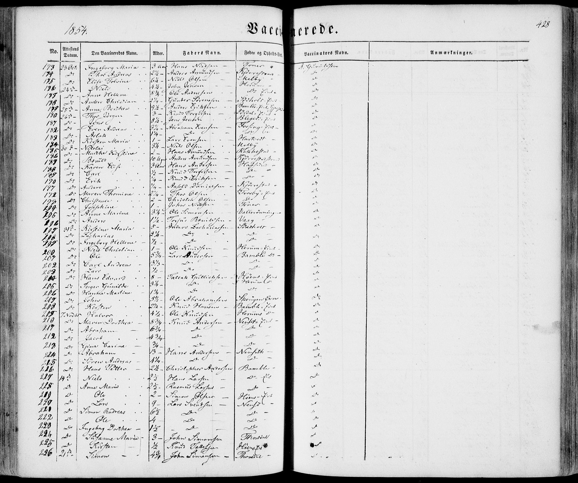 Bamble kirkebøker, AV/SAKO-A-253/F/Fa/L0005: Parish register (official) no. I 5, 1854-1869, p. 428