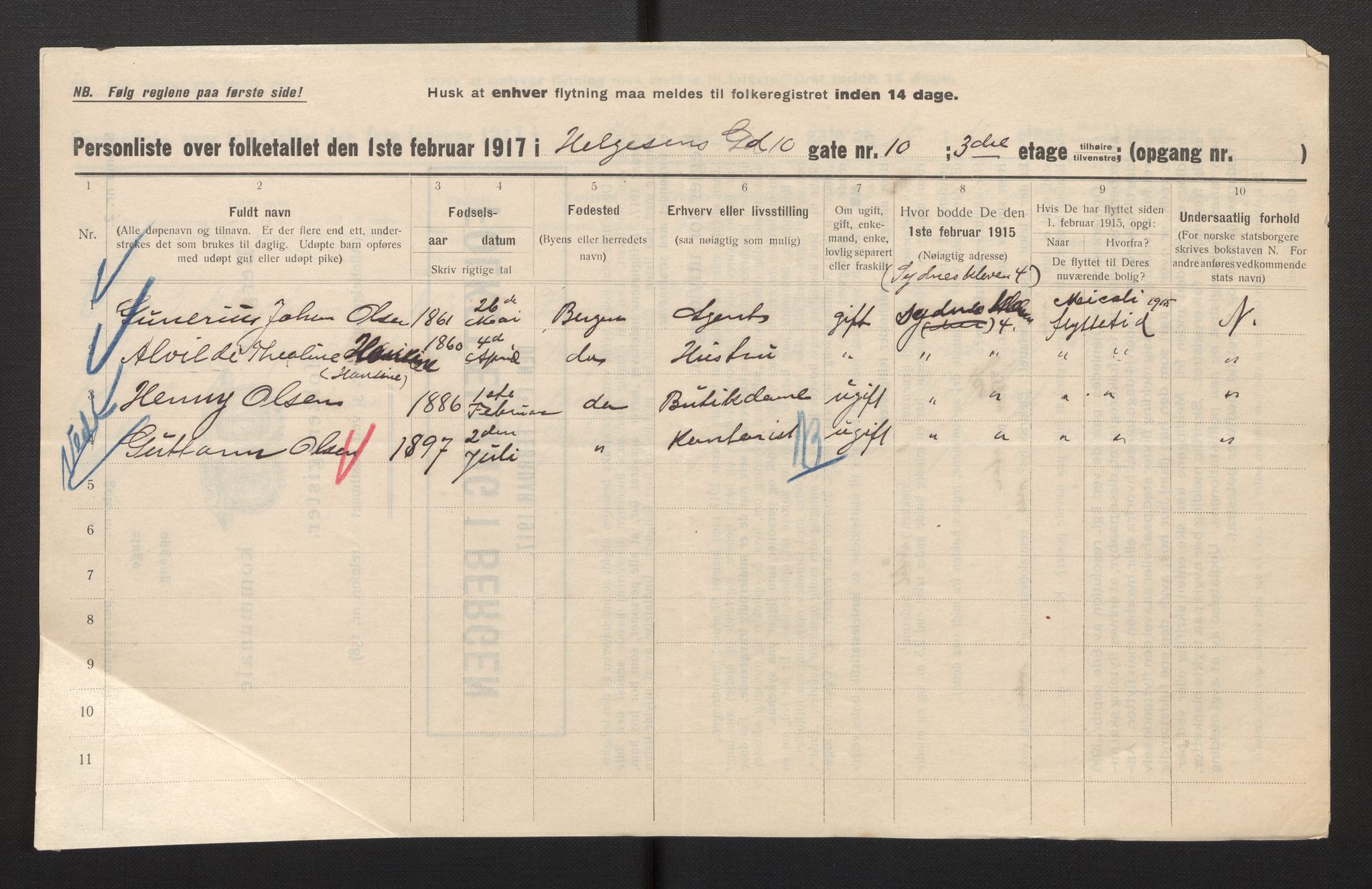 SAB, Municipal Census 1917 for Bergen, 1917, p. 13517