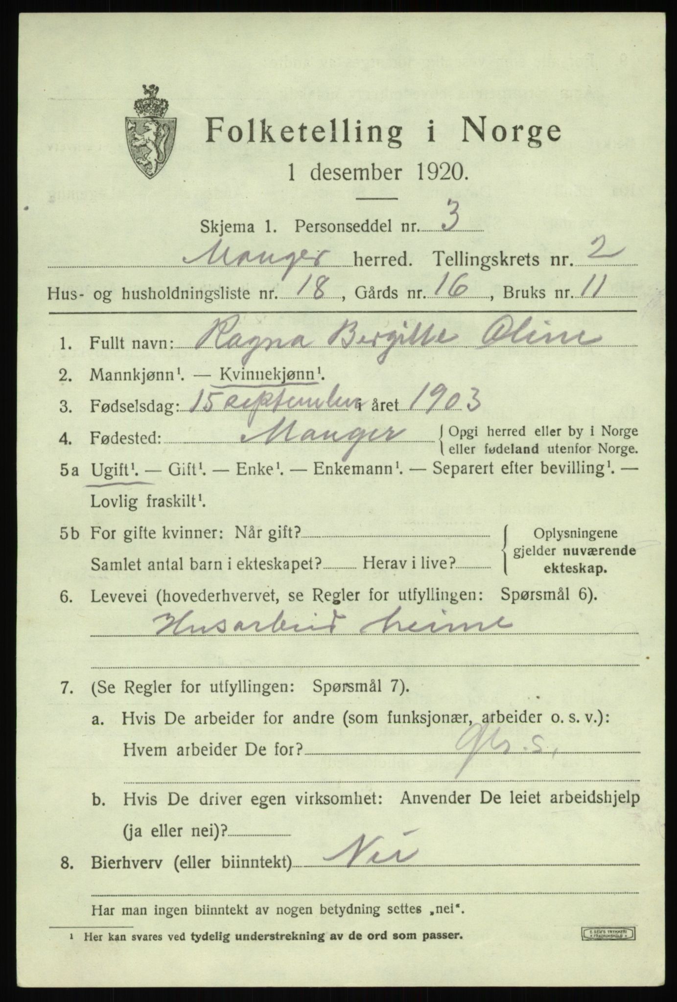 SAB, 1920 census for Manger, 1920, p. 2191