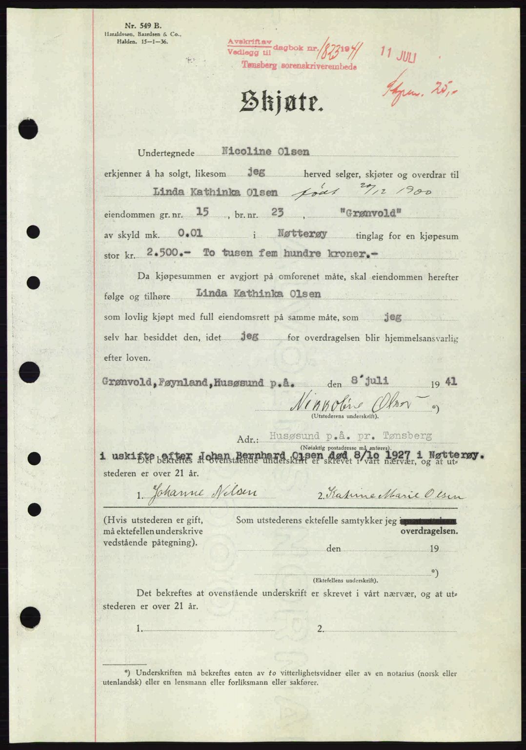 Tønsberg sorenskriveri, AV/SAKO-A-130/G/Ga/Gaa/L0010: Mortgage book no. A10, 1941-1941, Diary no: : 1823/1941