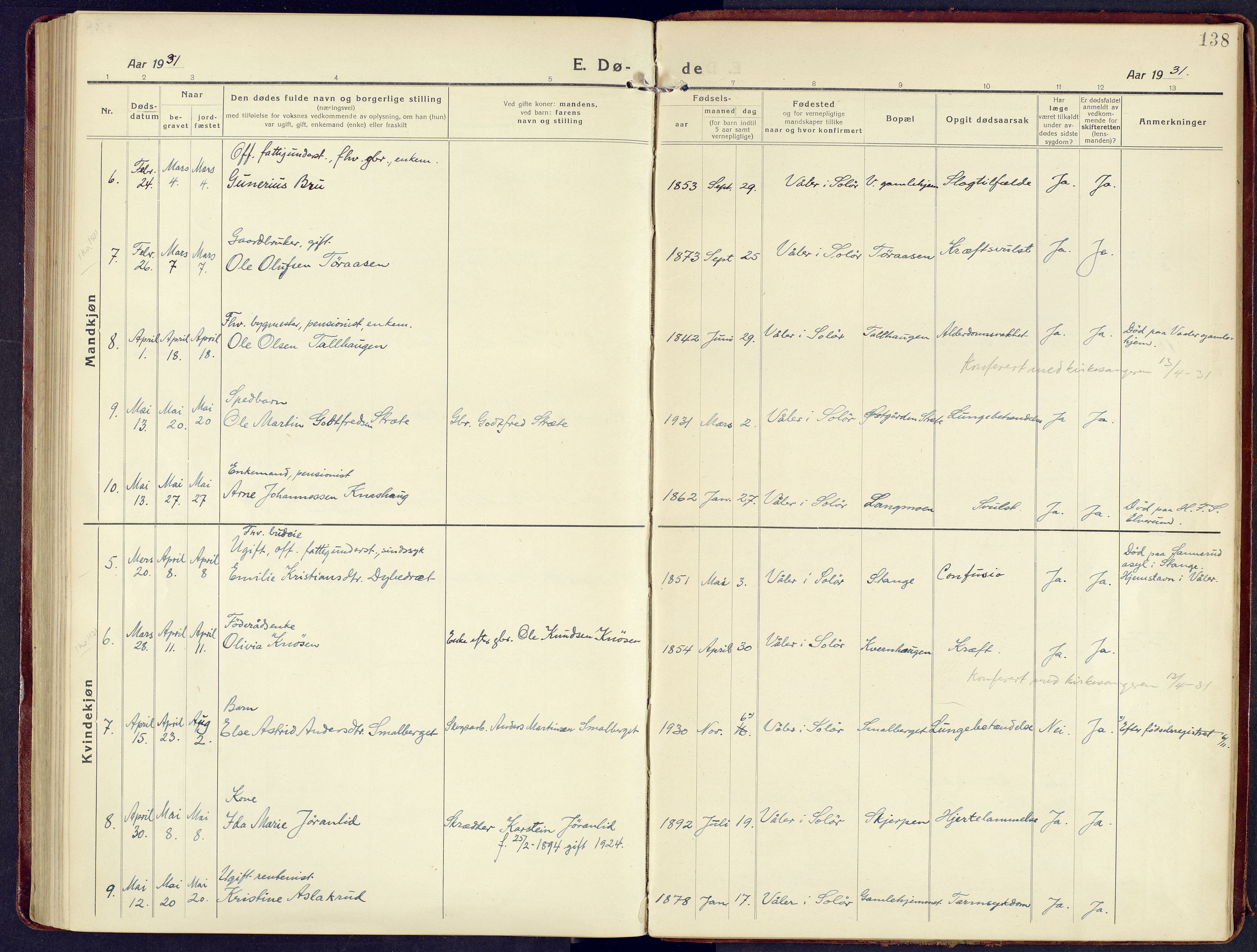 Våler prestekontor, Hedmark, AV/SAH-PREST-040/H/Ha/Haa/L0011: Parish register (official) no. 11, 1919-1933, p. 138