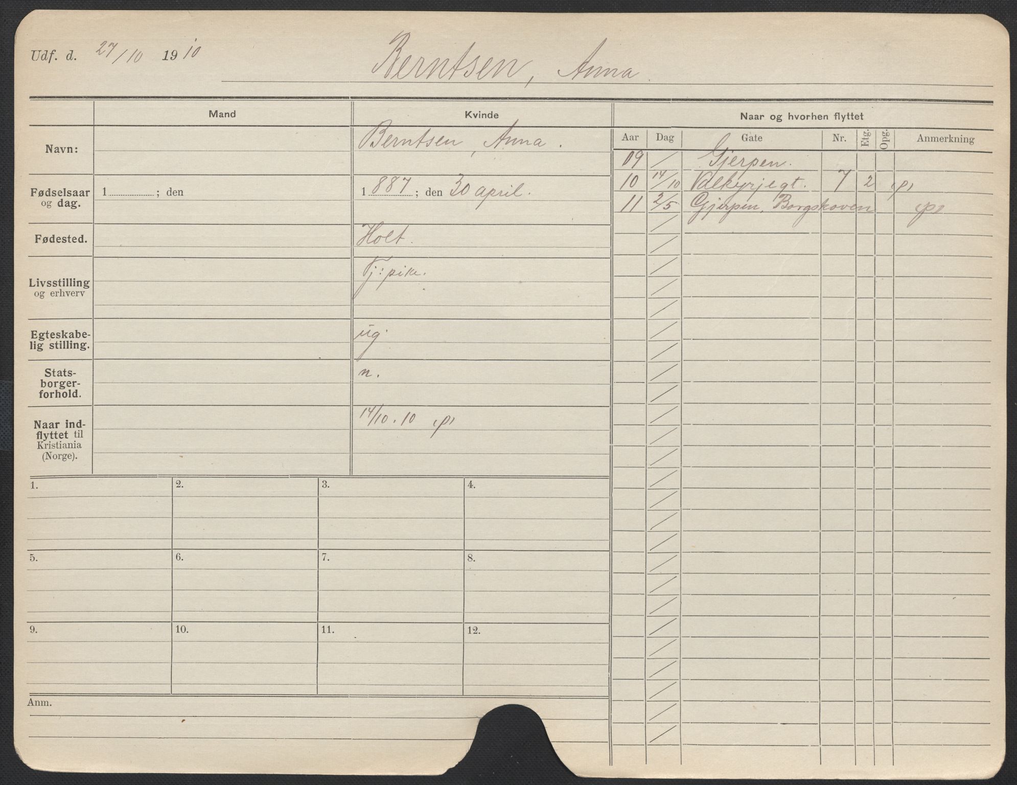 Oslo folkeregister, Registerkort, AV/SAO-A-11715/F/Fa/Fac/L0013: Kvinner, 1906-1914, p. 280a