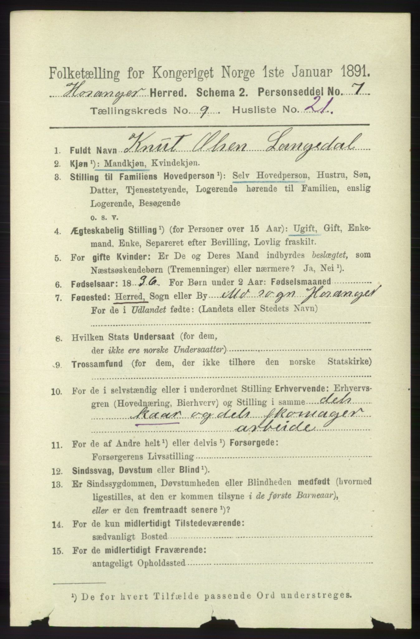 RA, 1891 census for 1253 Hosanger, 1891, p. 3421