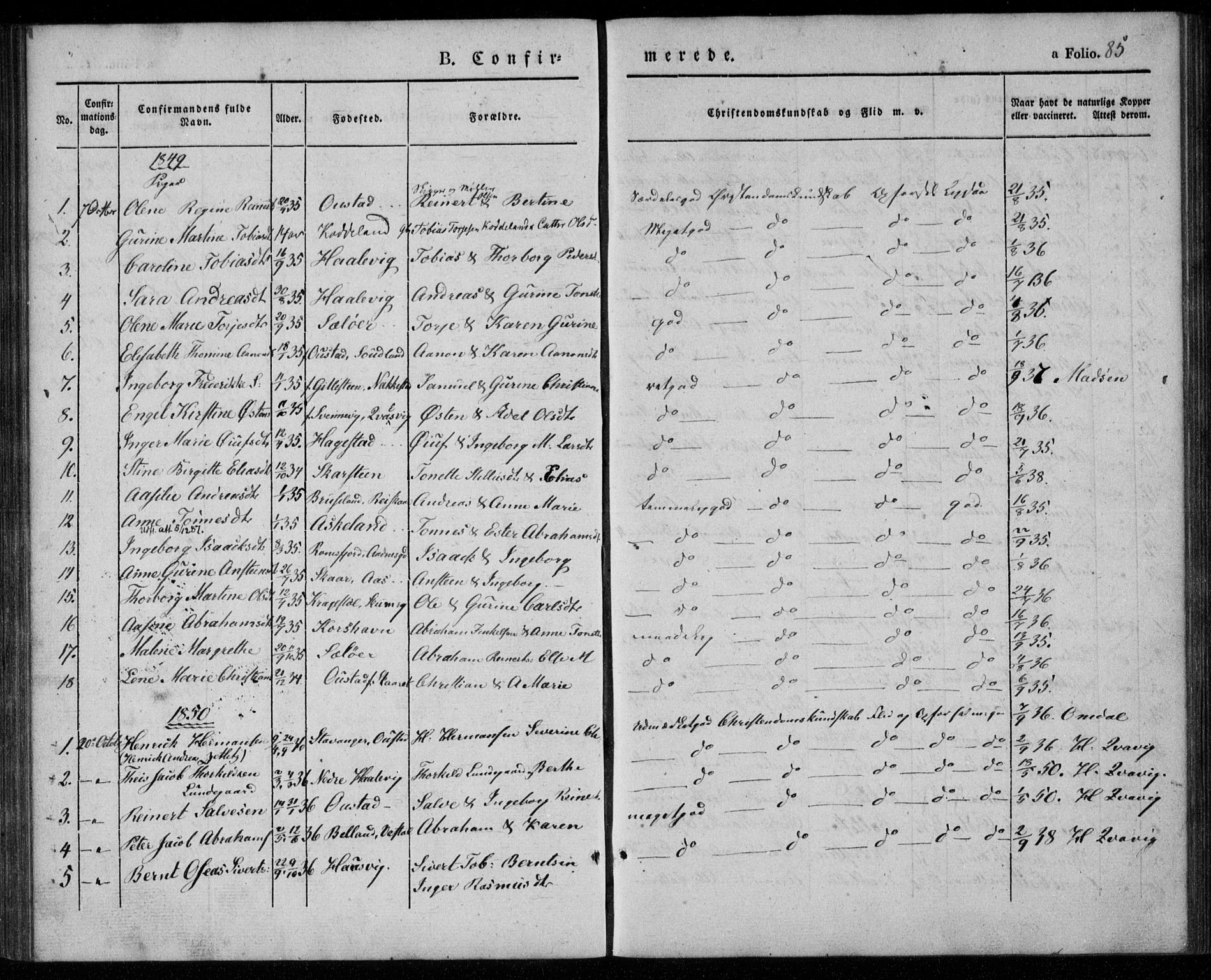 Lyngdal sokneprestkontor, SAK/1111-0029/F/Fa/Faa/L0001: Parish register (official) no. A 1, 1837-1857, p. 85