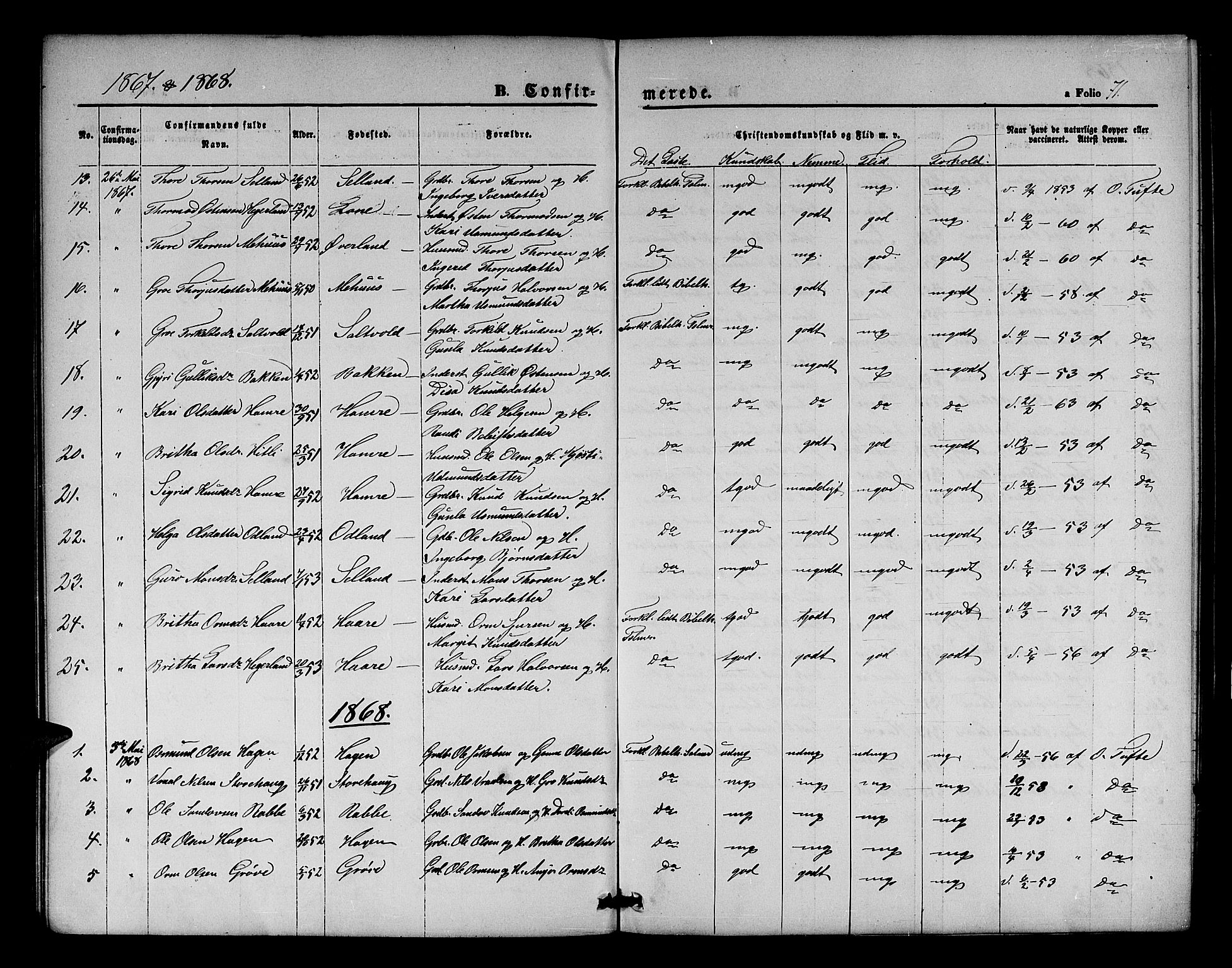 Røldal sokneprestembete, SAB/A-100247: Parish register (copy) no. A 2, 1861-1886, p. 71