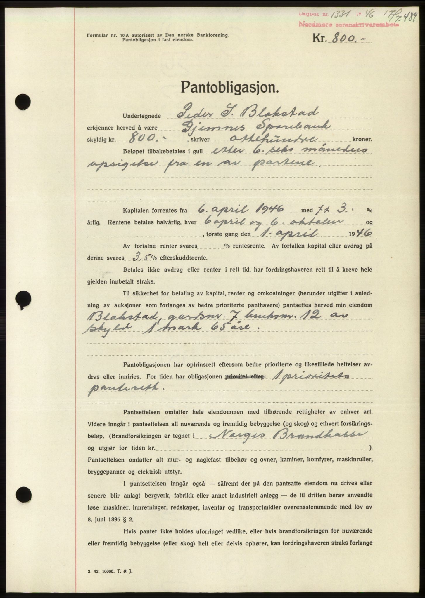 Nordmøre sorenskriveri, AV/SAT-A-4132/1/2/2Ca: Mortgage book no. B94, 1946-1946, Diary no: : 1331/1946