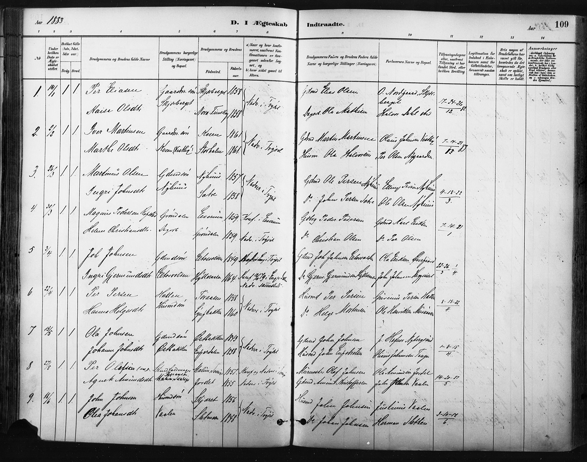 Trysil prestekontor, SAH/PREST-046/H/Ha/Haa/L0009: Parish register (official) no. 9, 1881-1897, p. 109