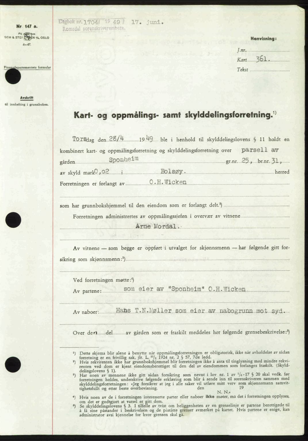 Romsdal sorenskriveri, AV/SAT-A-4149/1/2/2C: Mortgage book no. A30, 1949-1949, Diary no: : 1704/1949