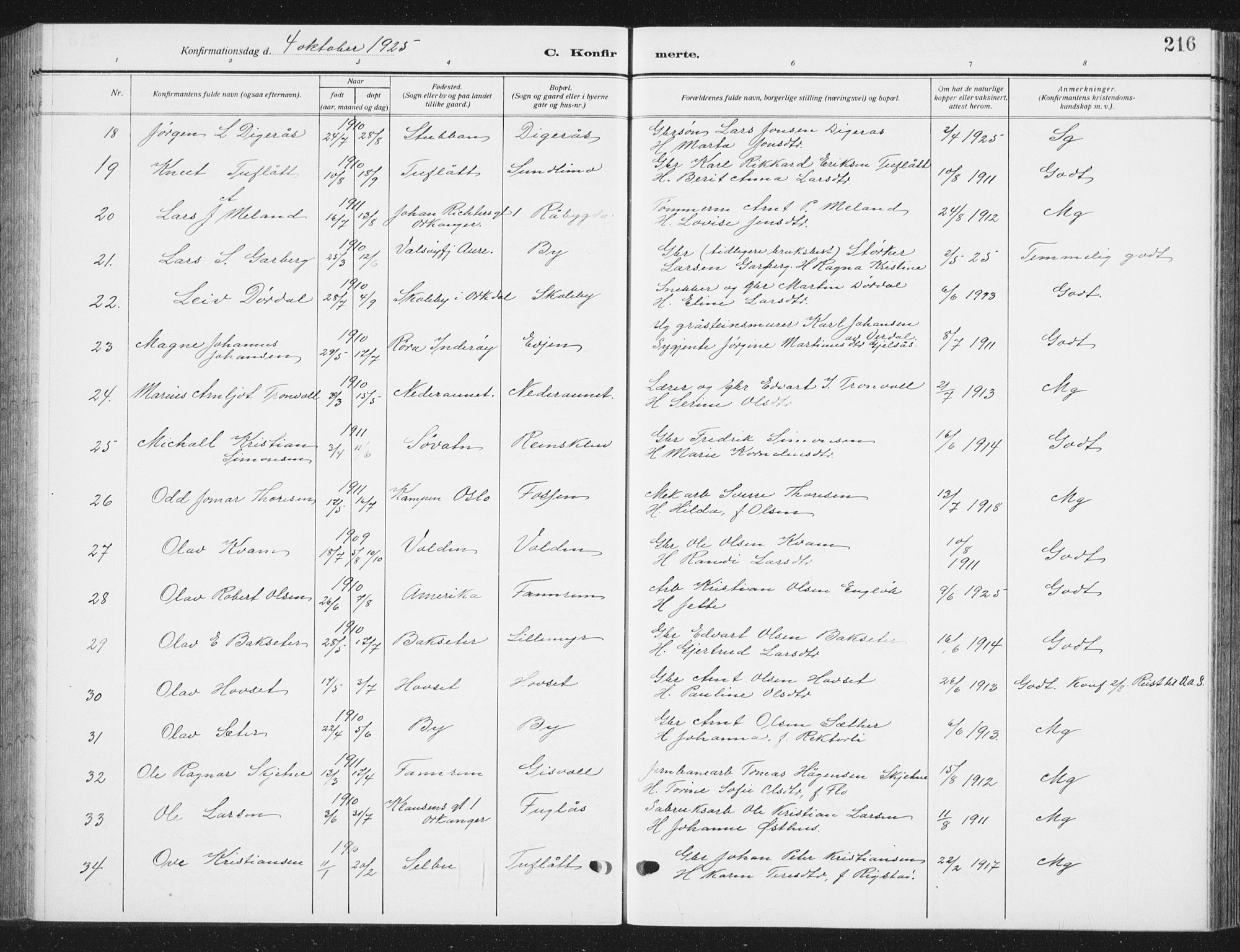 Ministerialprotokoller, klokkerbøker og fødselsregistre - Sør-Trøndelag, SAT/A-1456/668/L0820: Parish register (copy) no. 668C09, 1912-1936, p. 216