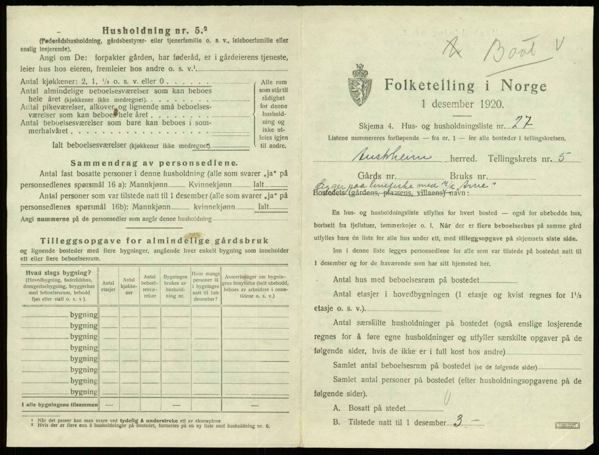 SAB, 1920 census for Austrheim, 1920, p. 291