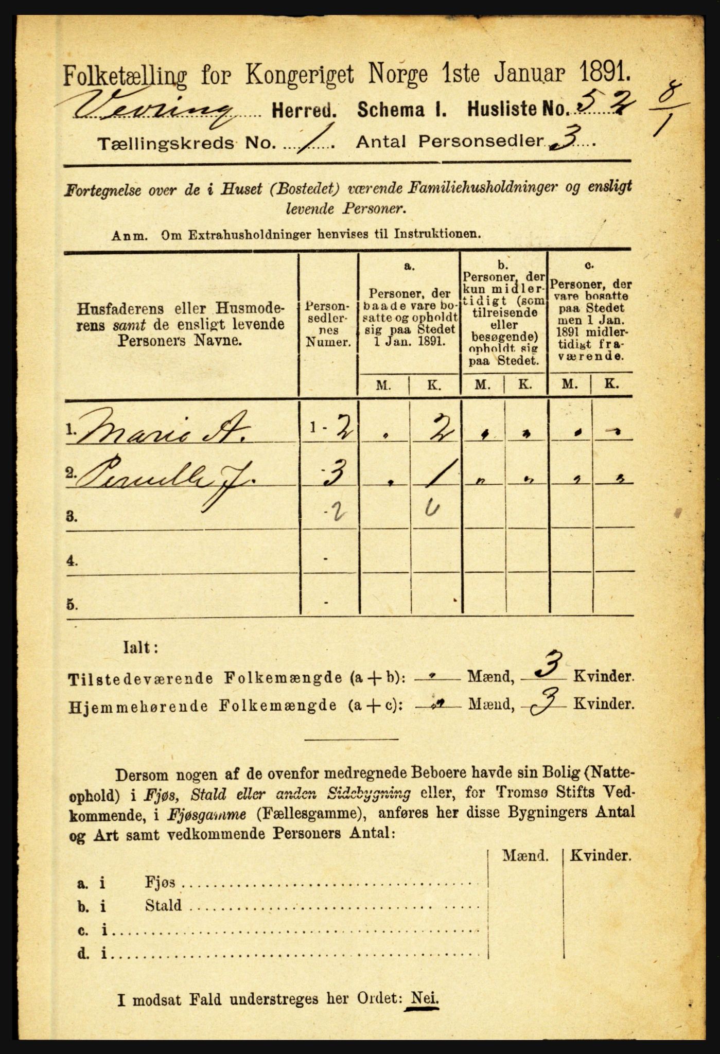 RA, 1891 census for 1434 Vevring, 1891, p. 65