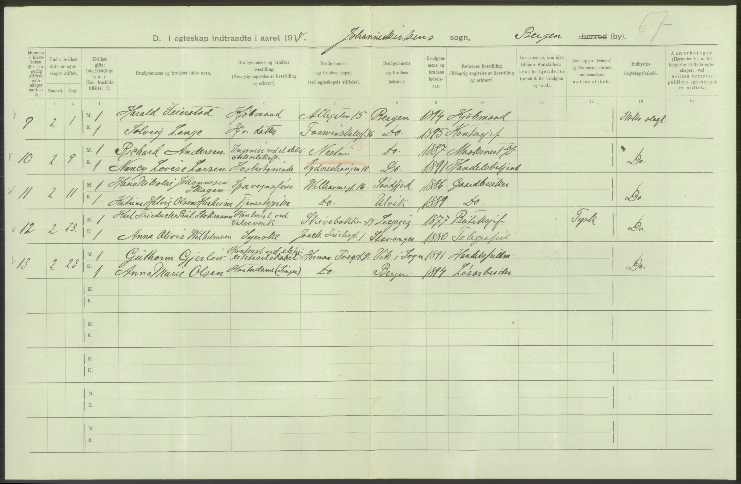 Statistisk sentralbyrå, Sosiodemografiske emner, Befolkning, RA/S-2228/D/Df/Dfb/Dfbh/L0038: Bergen: Gifte, dødfødte., 1918, p. 200