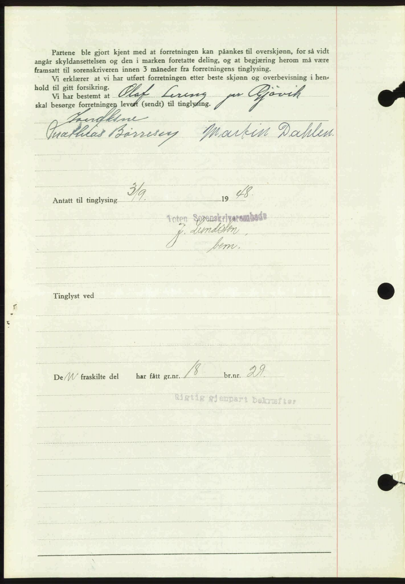 Toten tingrett, SAH/TING-006/H/Hb/Hbc/L0020: Mortgage book no. Hbc-20, 1948-1948, Diary no: : 2803/1948
