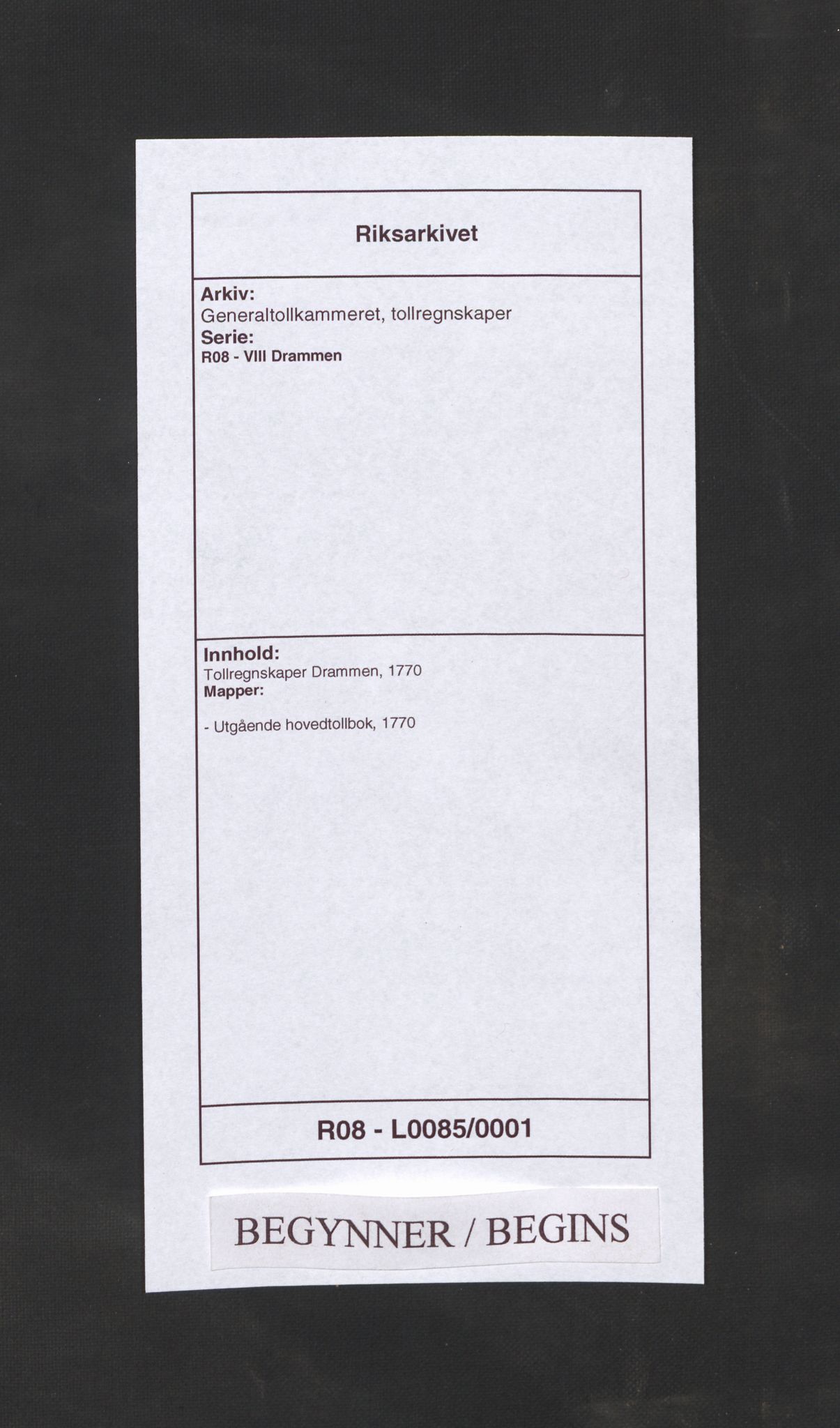 Generaltollkammeret, tollregnskaper, RA/EA-5490/R08/L0085/0001: Tollregnskaper Drammen / Utgående hovedtollbok, 1770