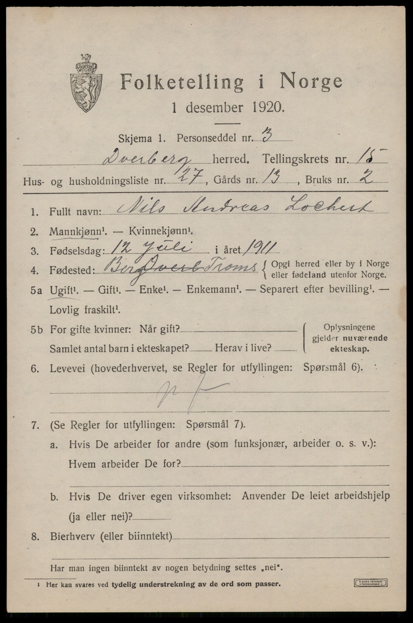 SAT, 1920 census for Dverberg, 1920, p. 11296