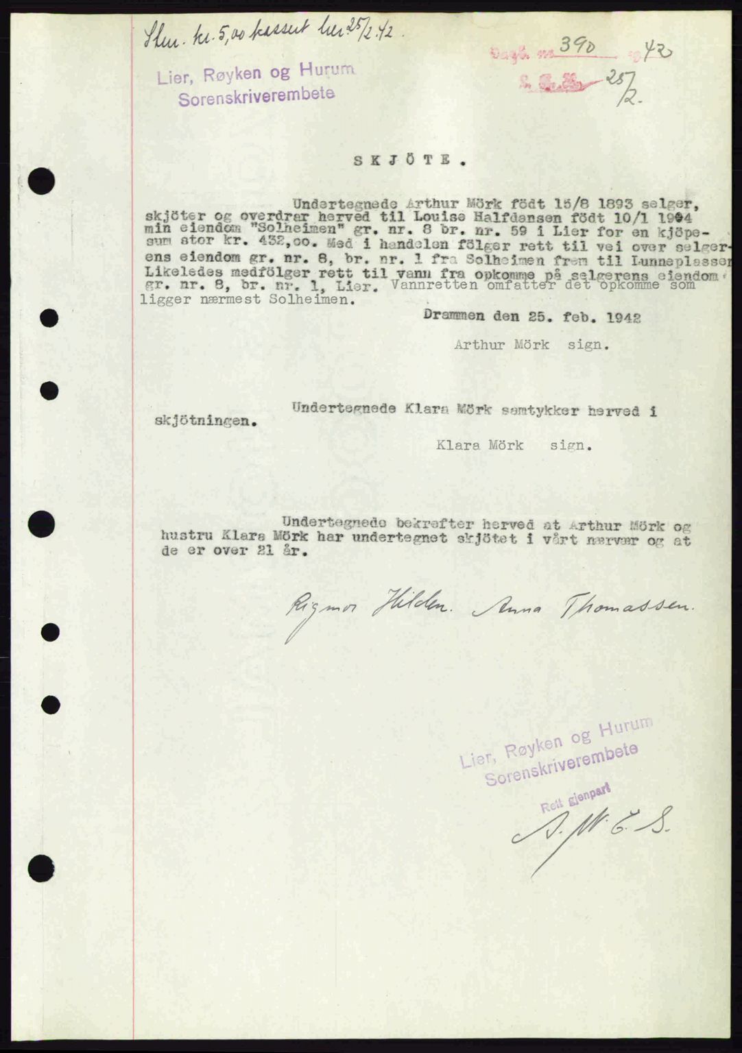 Lier, Røyken og Hurum sorenskriveri, AV/SAKO-A-89/G/Ga/Gab/L0072: Mortgage book no. 72, 1942-1942, Diary no: : 390/1942