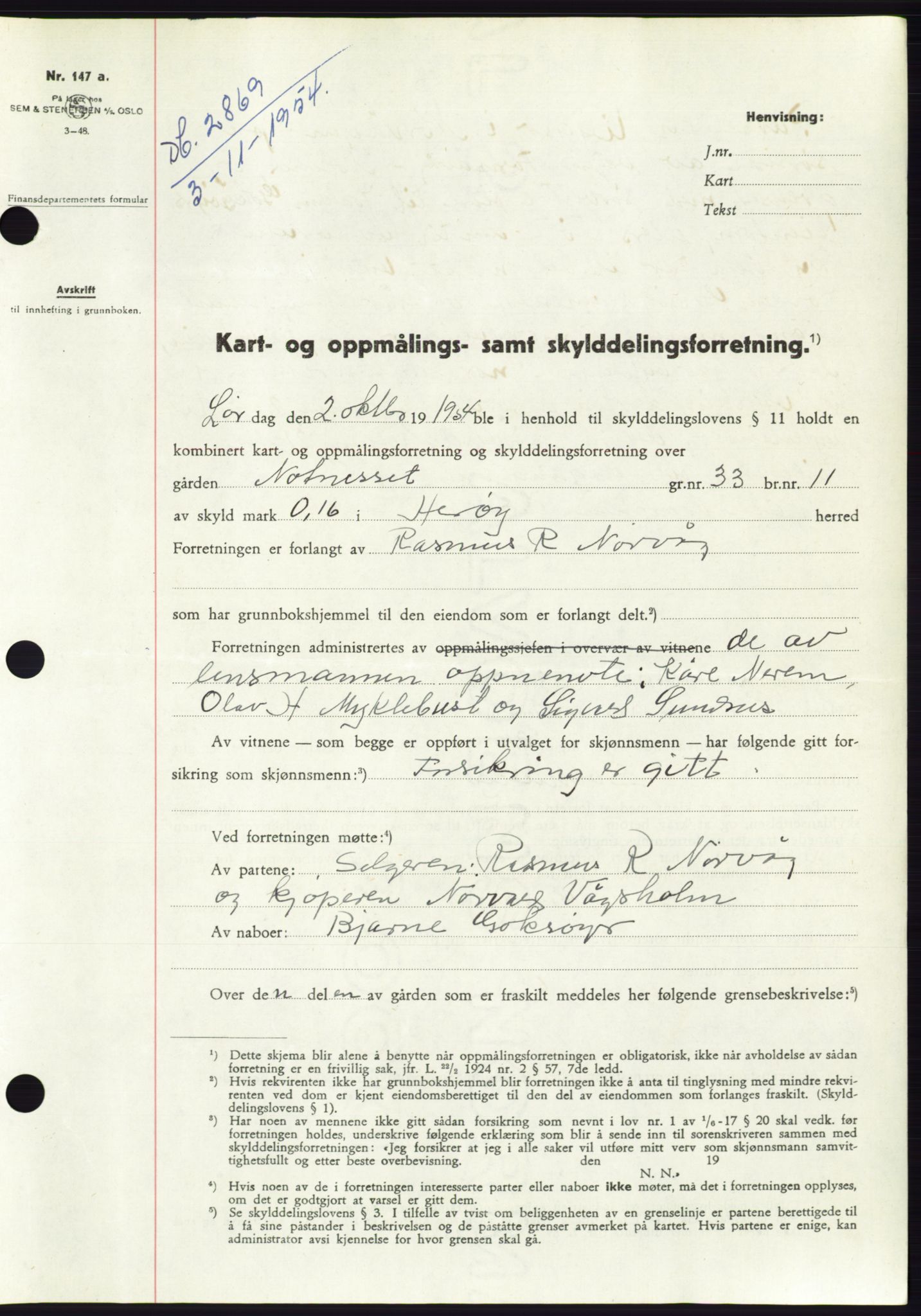 Søre Sunnmøre sorenskriveri, AV/SAT-A-4122/1/2/2C/L0099: Mortgage book no. 25A, 1954-1954, Diary no: : 2869/1954