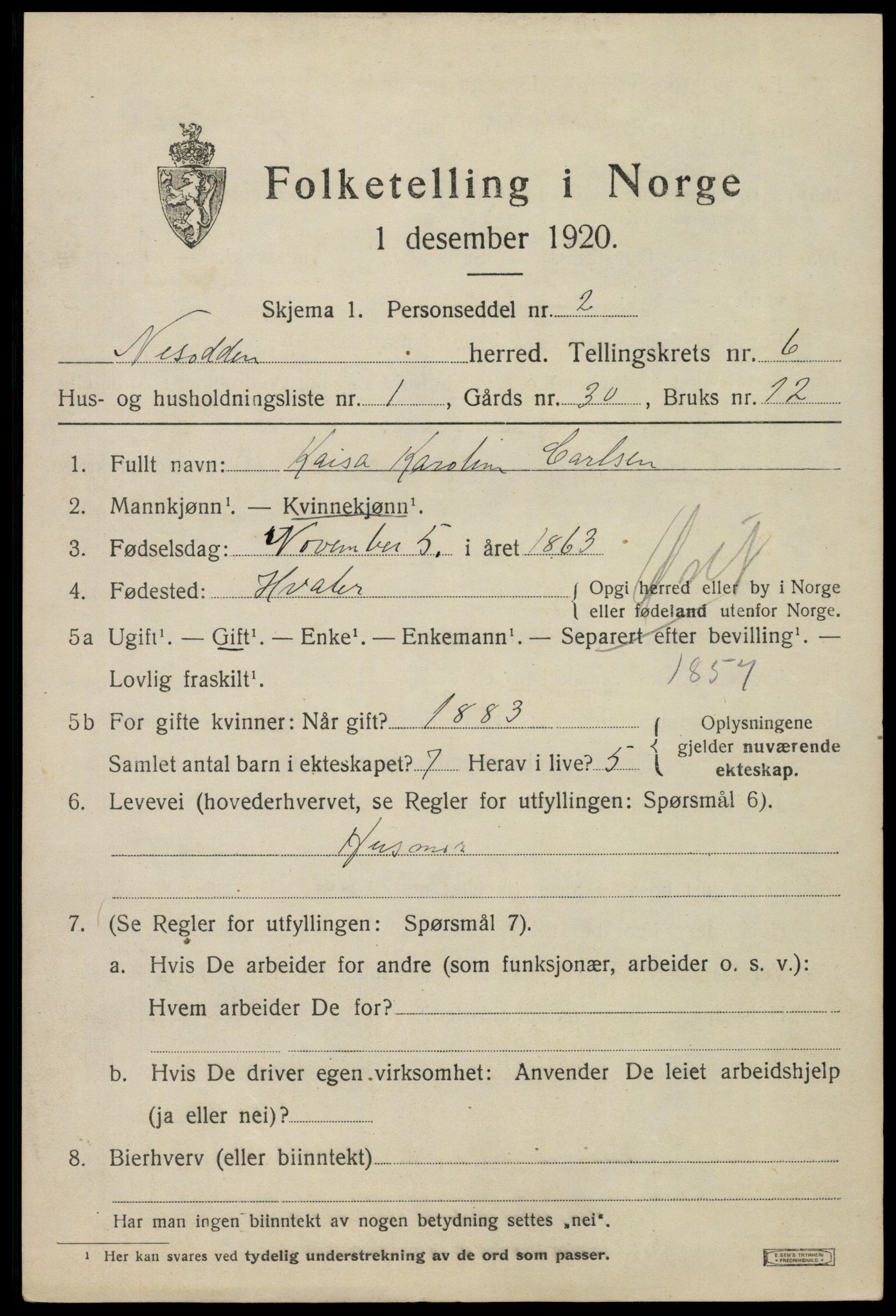 SAO, 1920 census for Nesodden, 1920, p. 5349