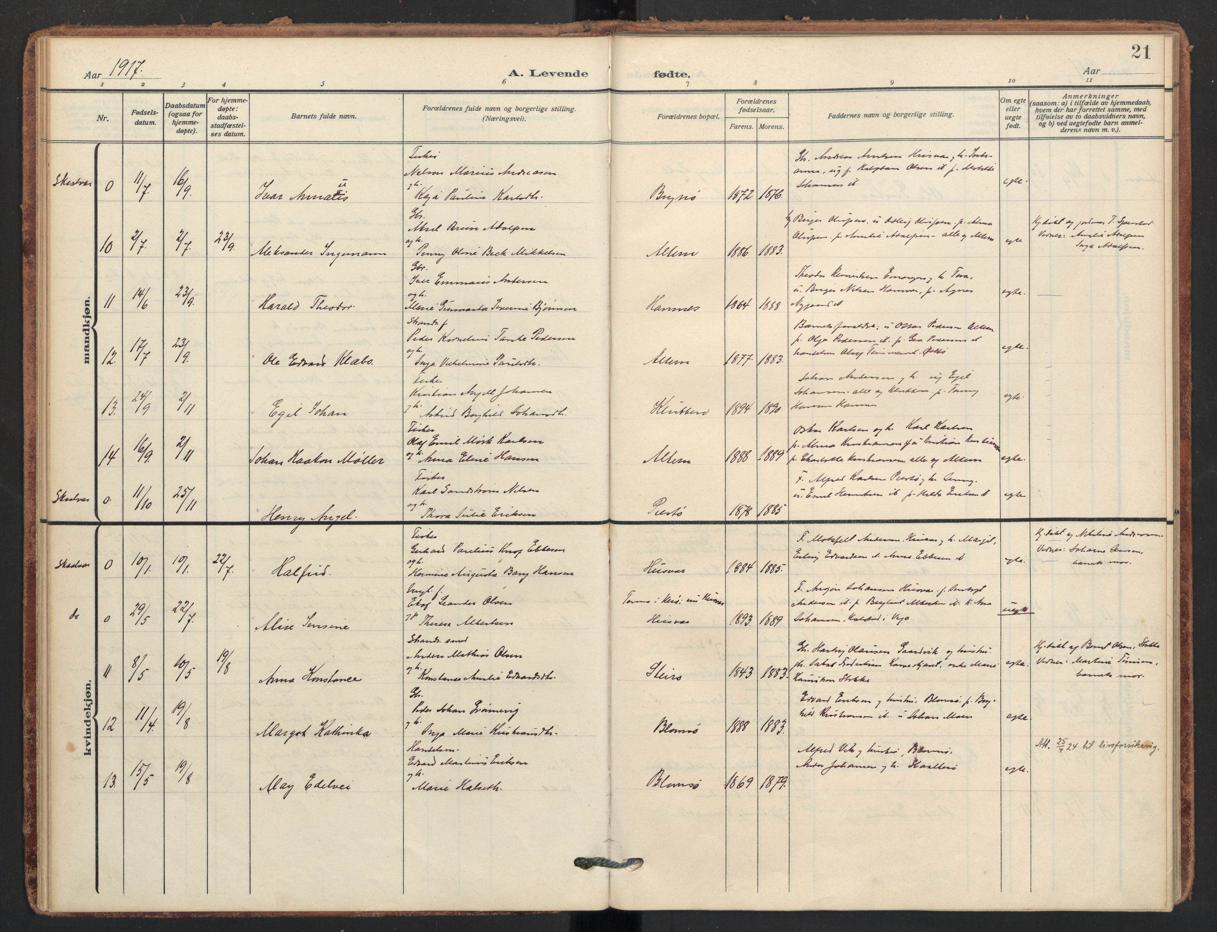 Ministerialprotokoller, klokkerbøker og fødselsregistre - Nordland, AV/SAT-A-1459/830/L0455: Parish register (official) no. 830A19, 1912-1942, p. 21