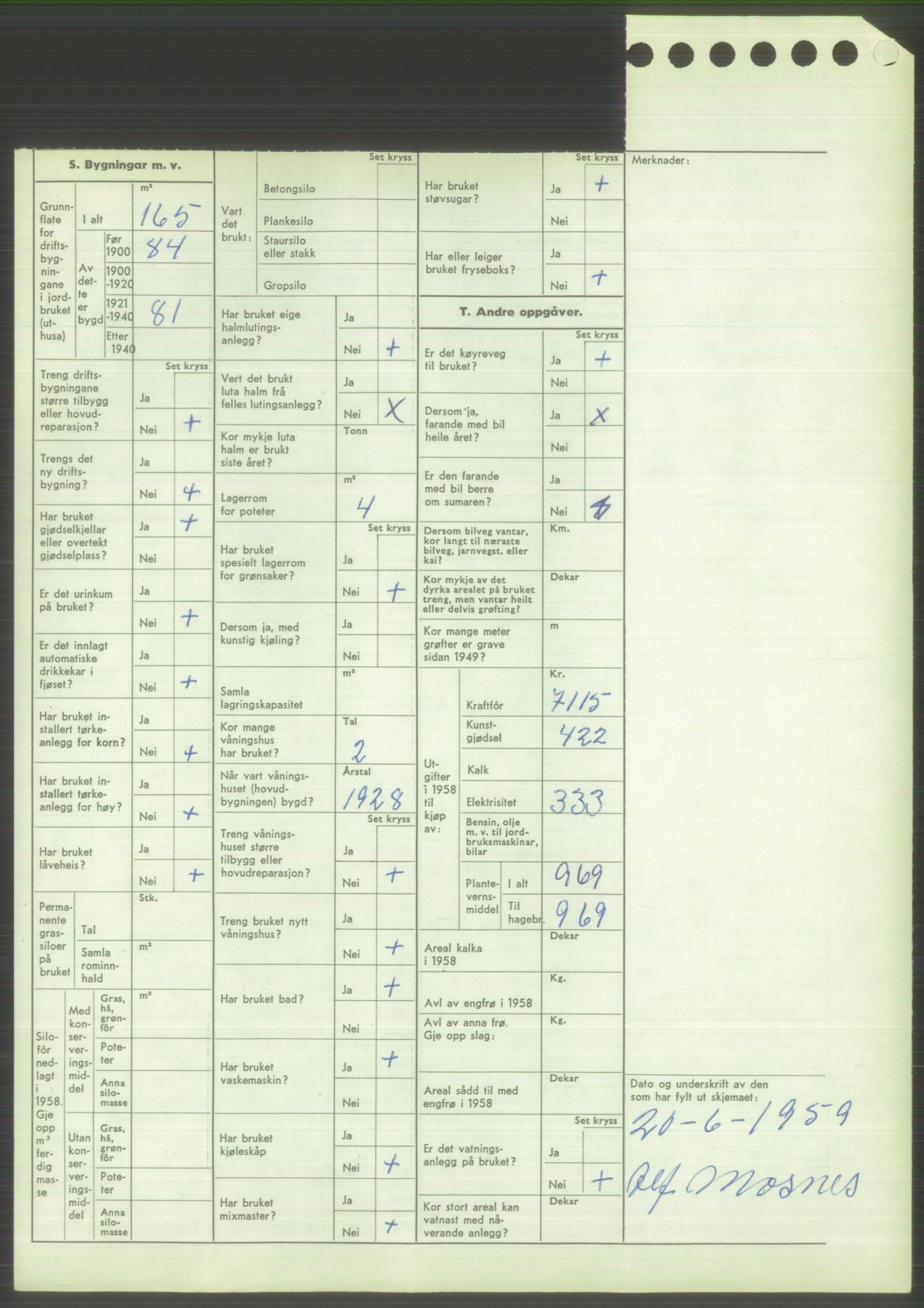 Statistisk sentralbyrå, Næringsøkonomiske emner, Jordbruk, skogbruk, jakt, fiske og fangst, AV/RA-S-2234/G/Gd/L0373: Rogaland: 1130 Strand (kl. 1-2), 1131 Årdal og 1132 Fister, 1959, p. 1830