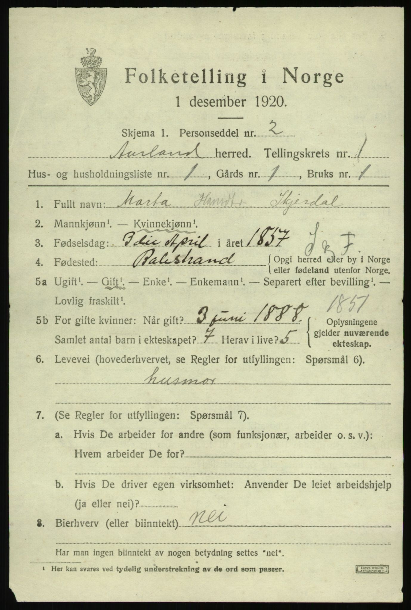 SAB, 1920 census for Aurland, 1920, p. 800