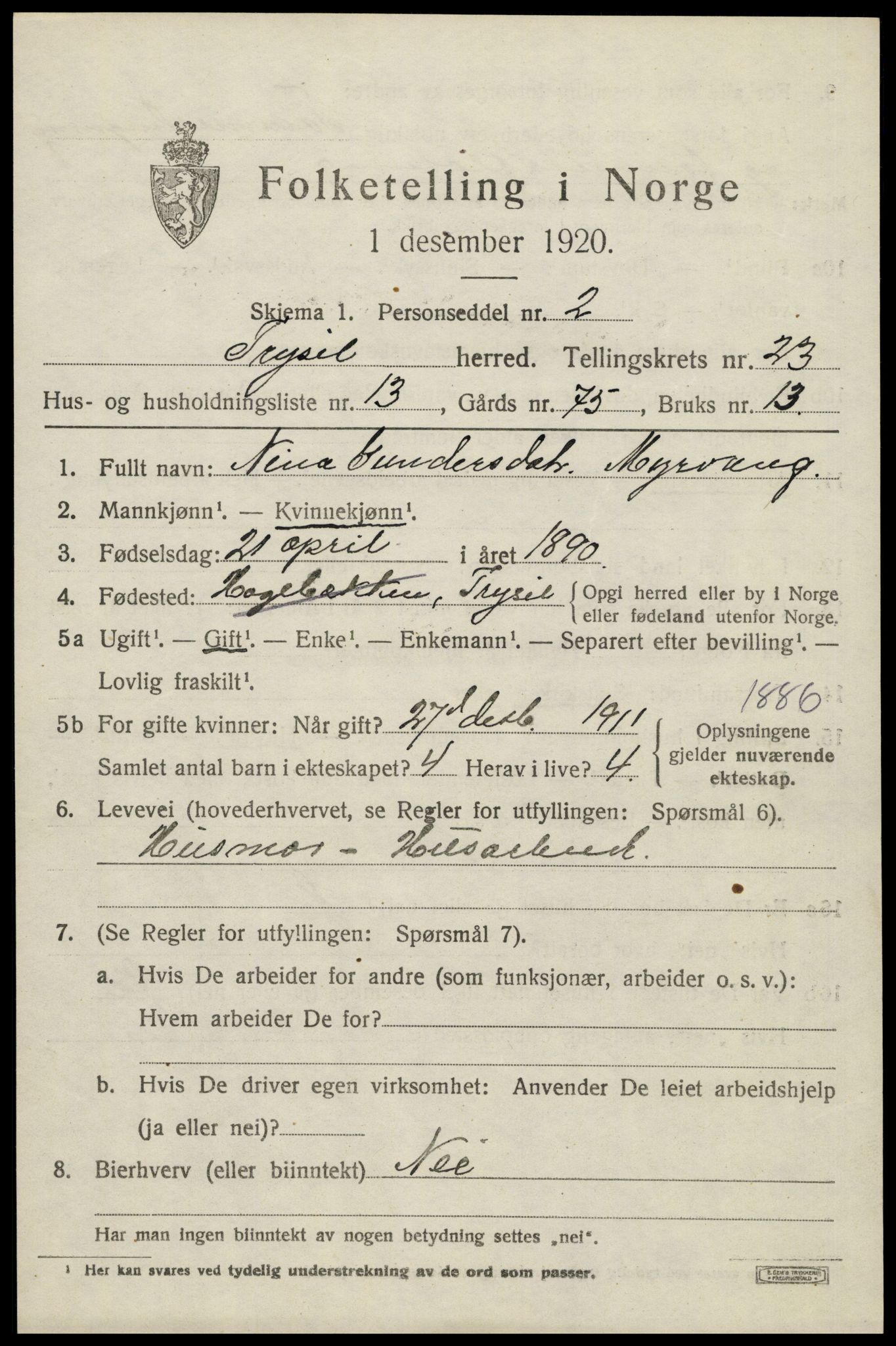 SAH, 1920 census for Trysil, 1920, p. 14983