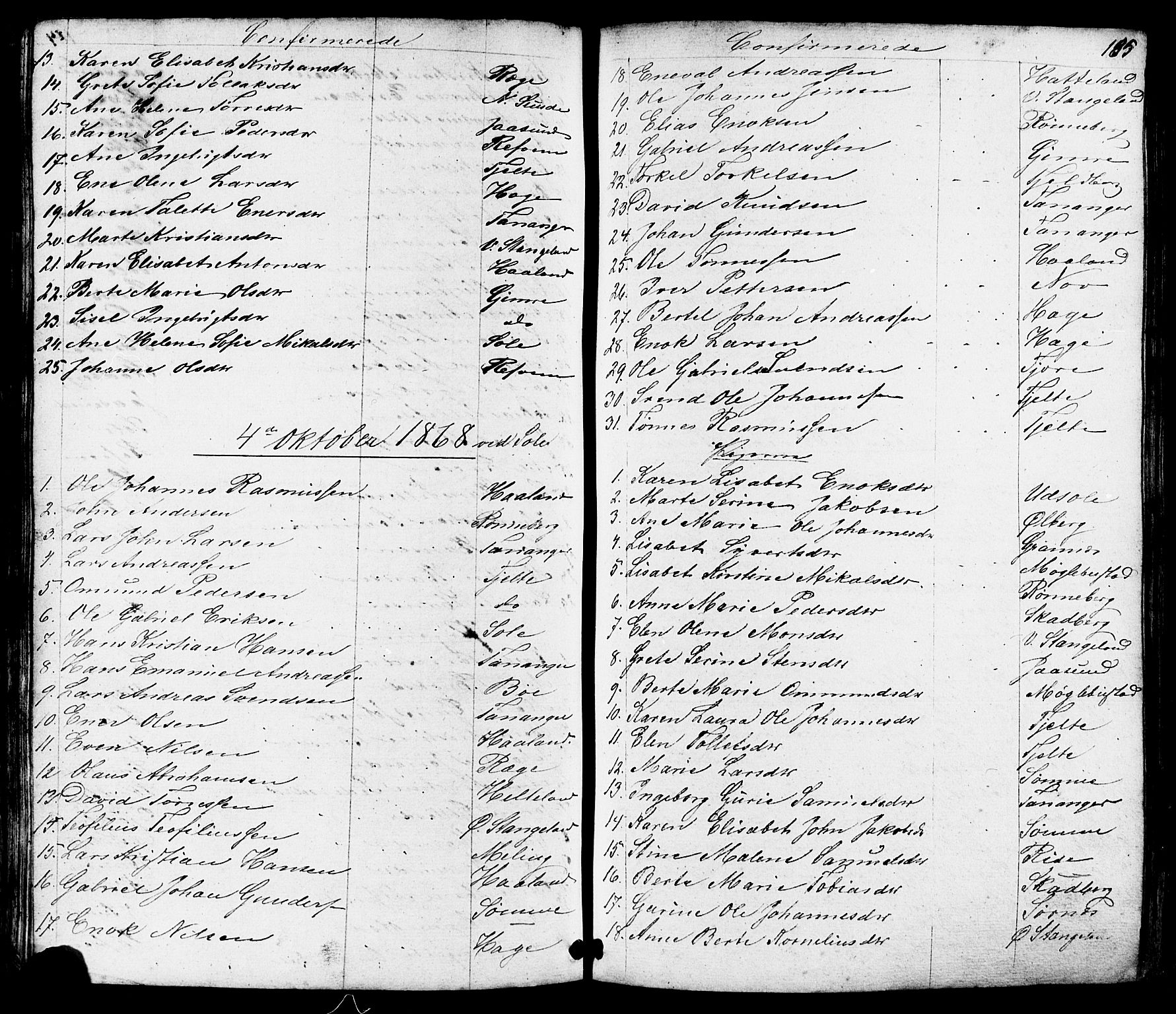 Håland sokneprestkontor, SAST/A-101802/001/30BB/L0002: Parish register (copy) no. B 2, 1845-1872, p. 185