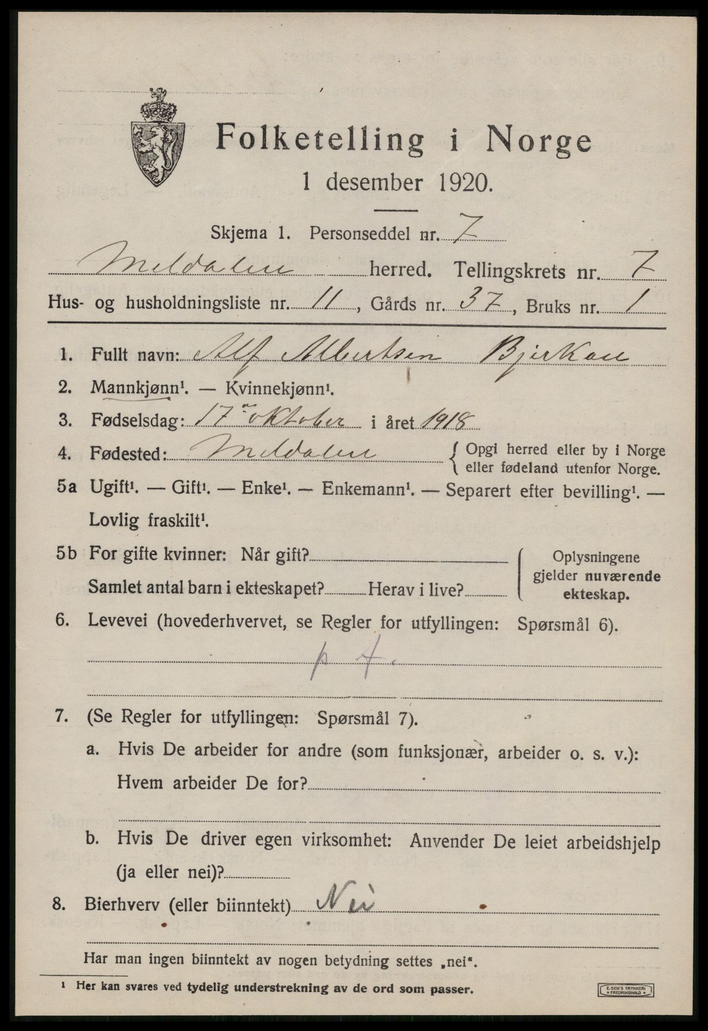 SAT, 1920 census for Meldal, 1920, p. 7391