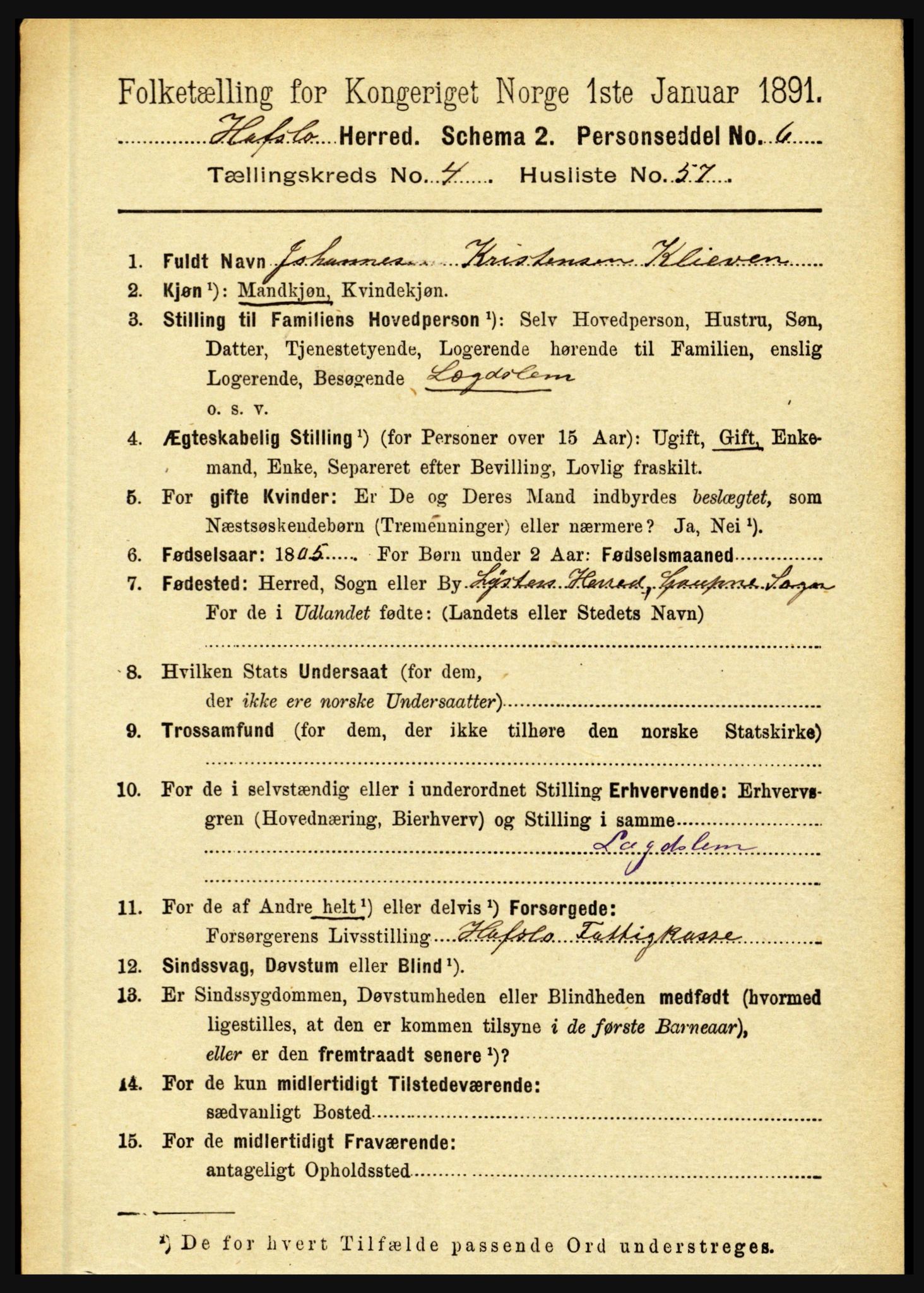 RA, 1891 census for 1425 Hafslo, 1891, p. 1889