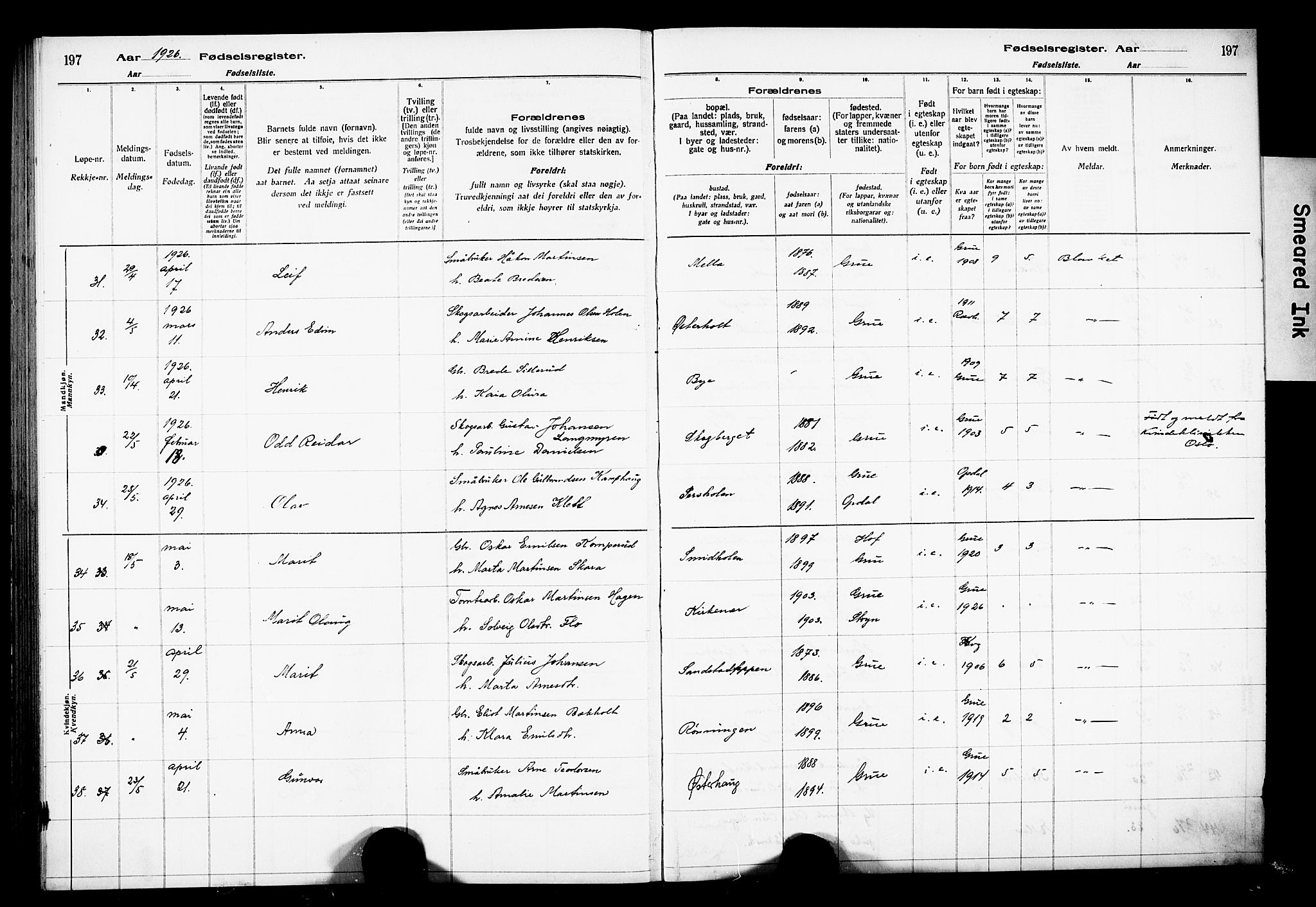 Grue prestekontor, AV/SAH-PREST-036/I/Id/Ida/L0001: Birth register no. I 1, 1916-1926, p. 197