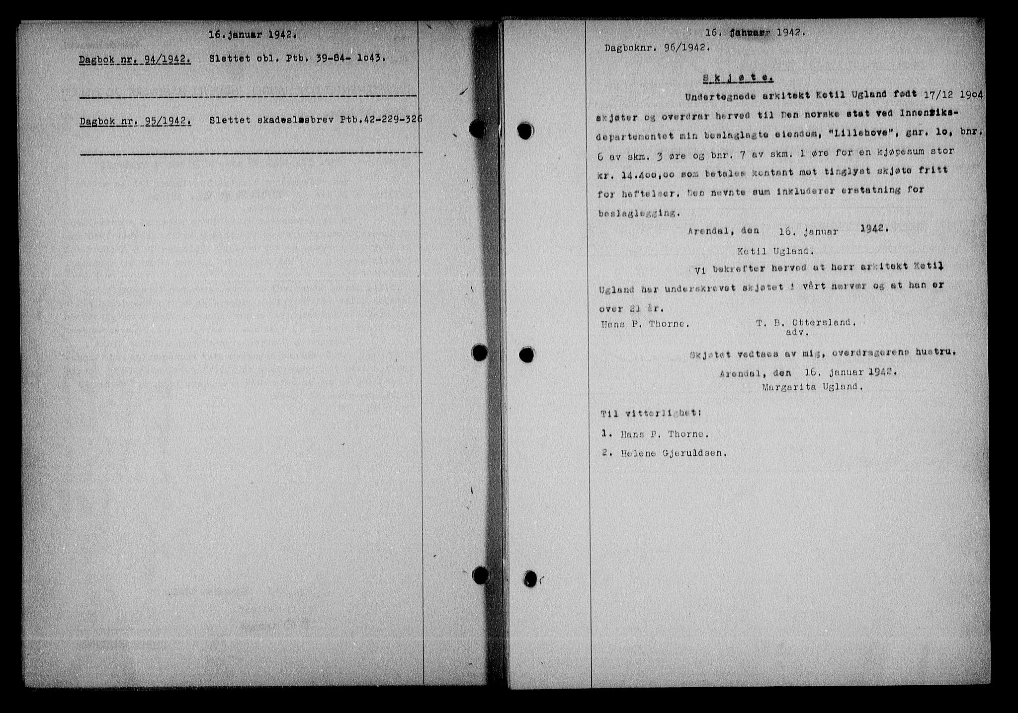 Nedenes sorenskriveri, SAK/1221-0006/G/Gb/Gba/L0049: Mortgage book no. A-III, 1941-1942, Diary no: : 96/1942