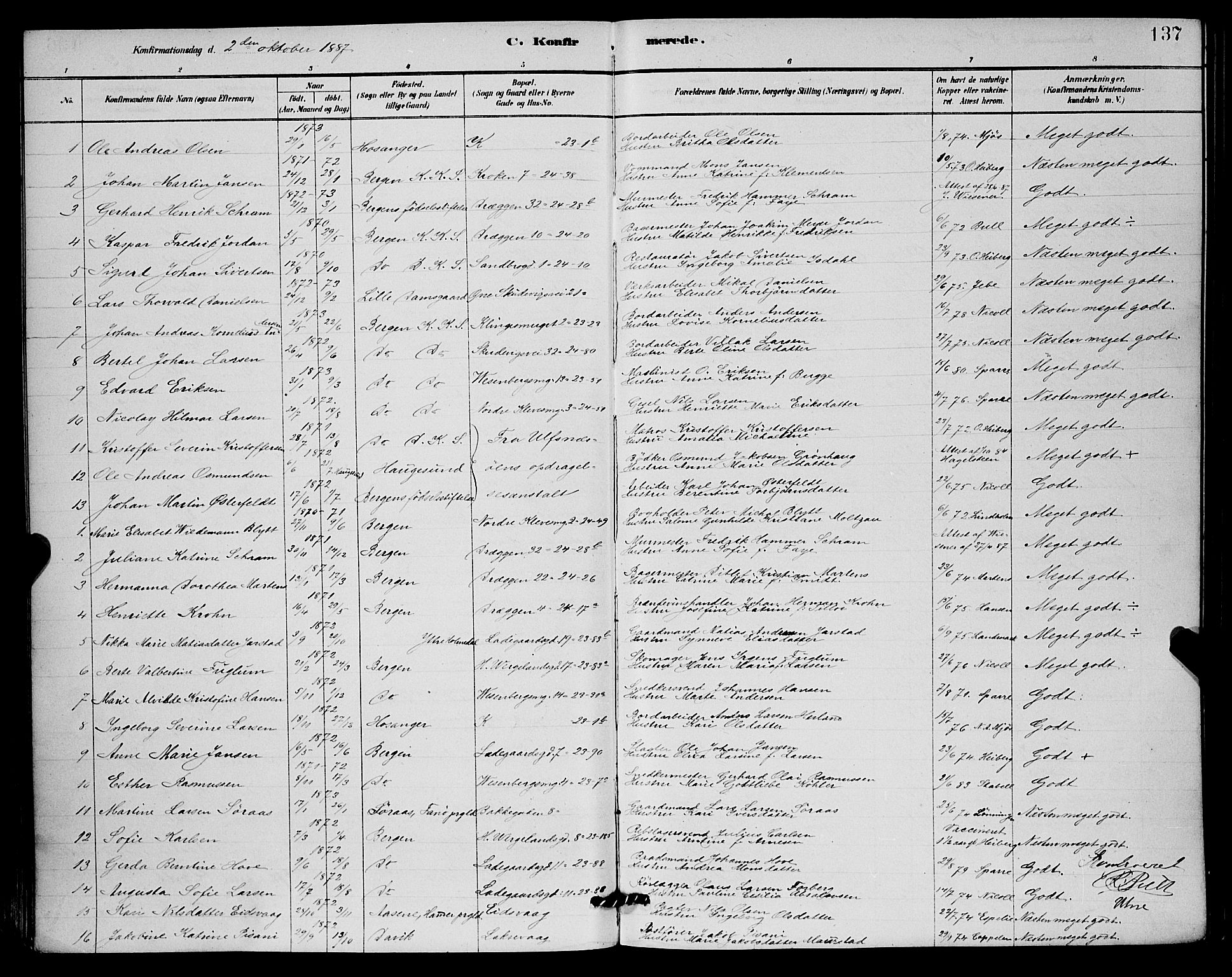 Mariakirken Sokneprestembete, AV/SAB-A-76901/H/Hab/L0004: Parish register (copy) no. A 4, 1878-1892, p. 137