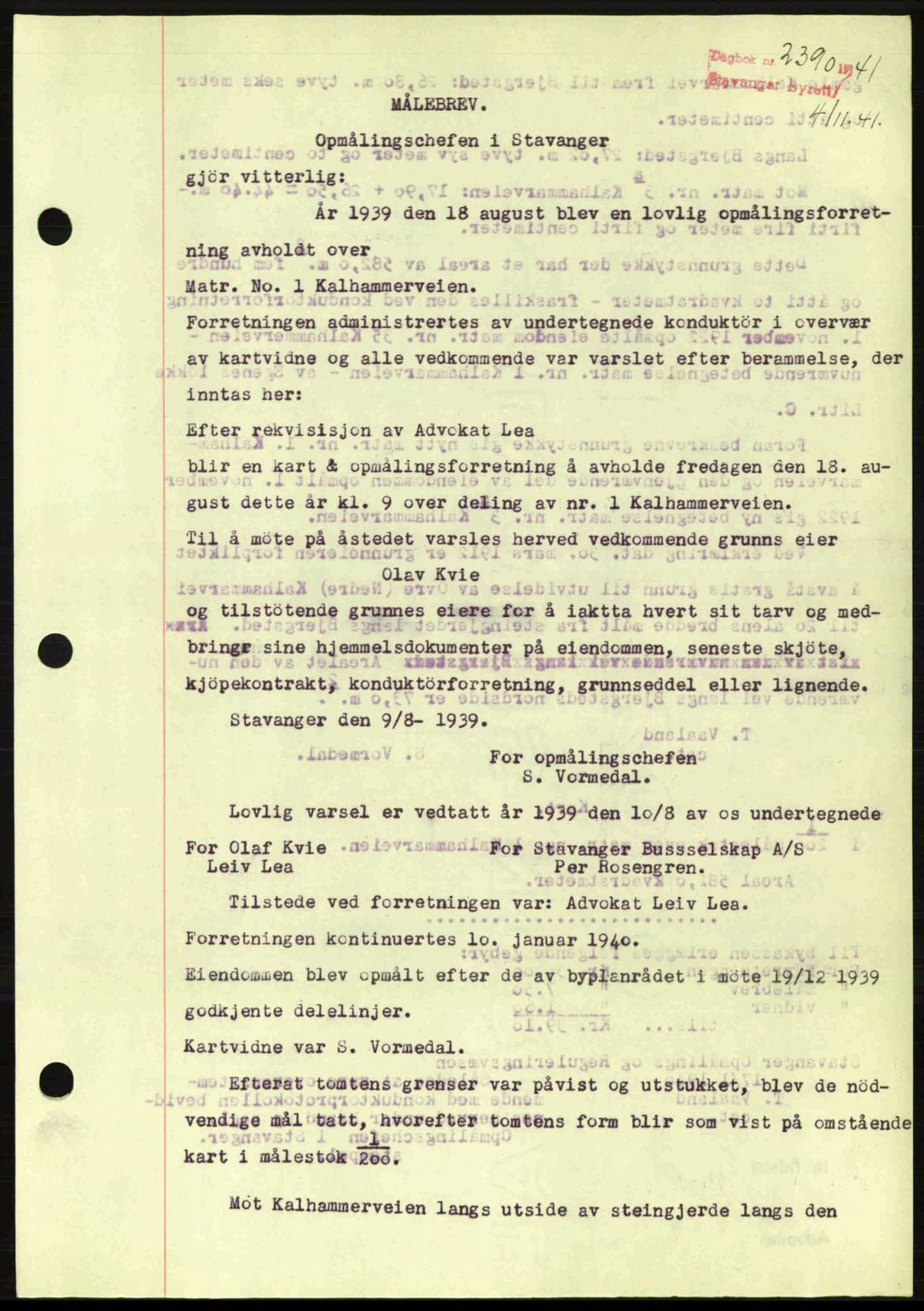 Stavanger byrett, SAST/A-100455/002/G/Gb/L0017: Mortgage book no. A7, 1941-1943, Diary no: : 2390/1941