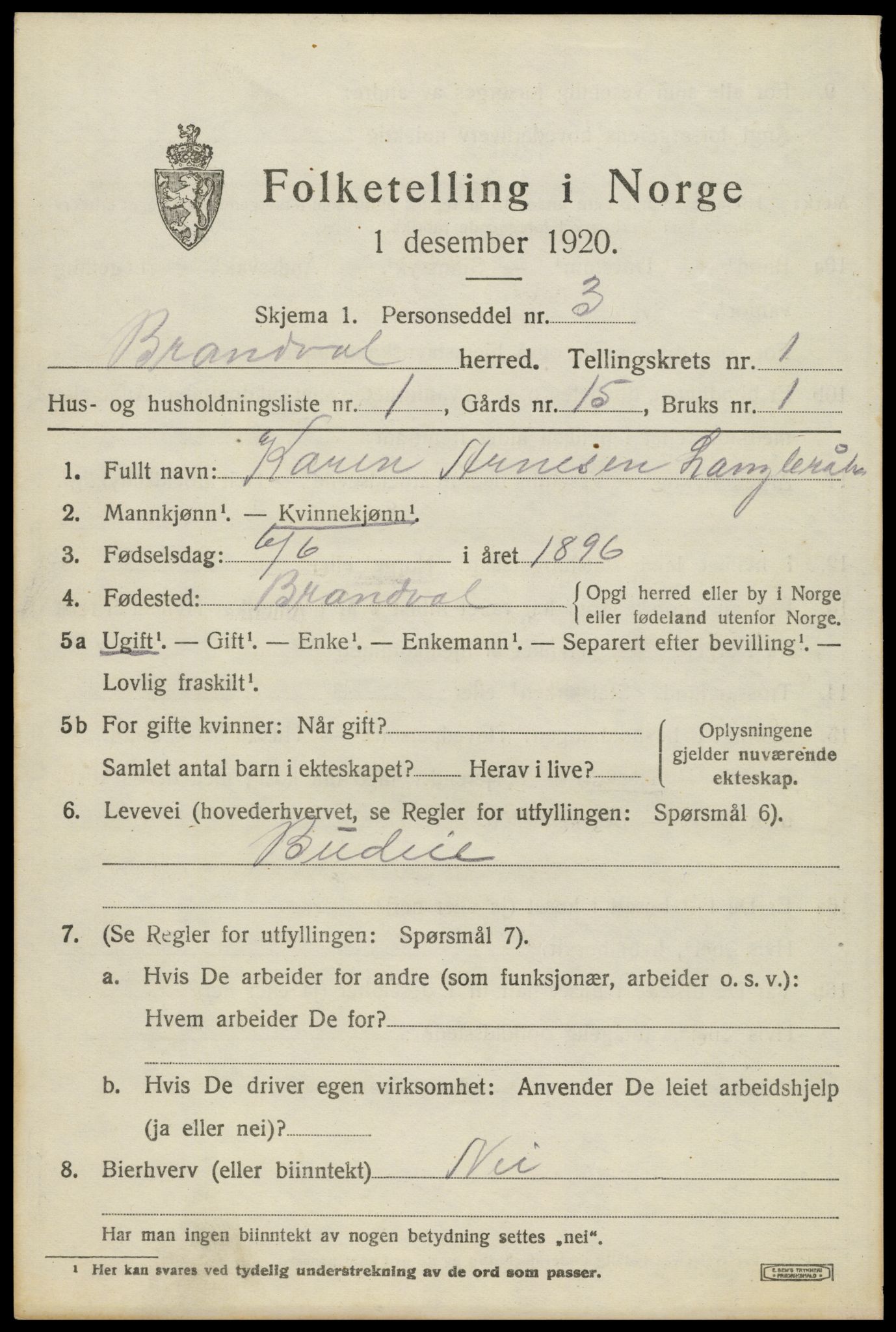 SAH, 1920 census for Brandval, 1920, p. 1522