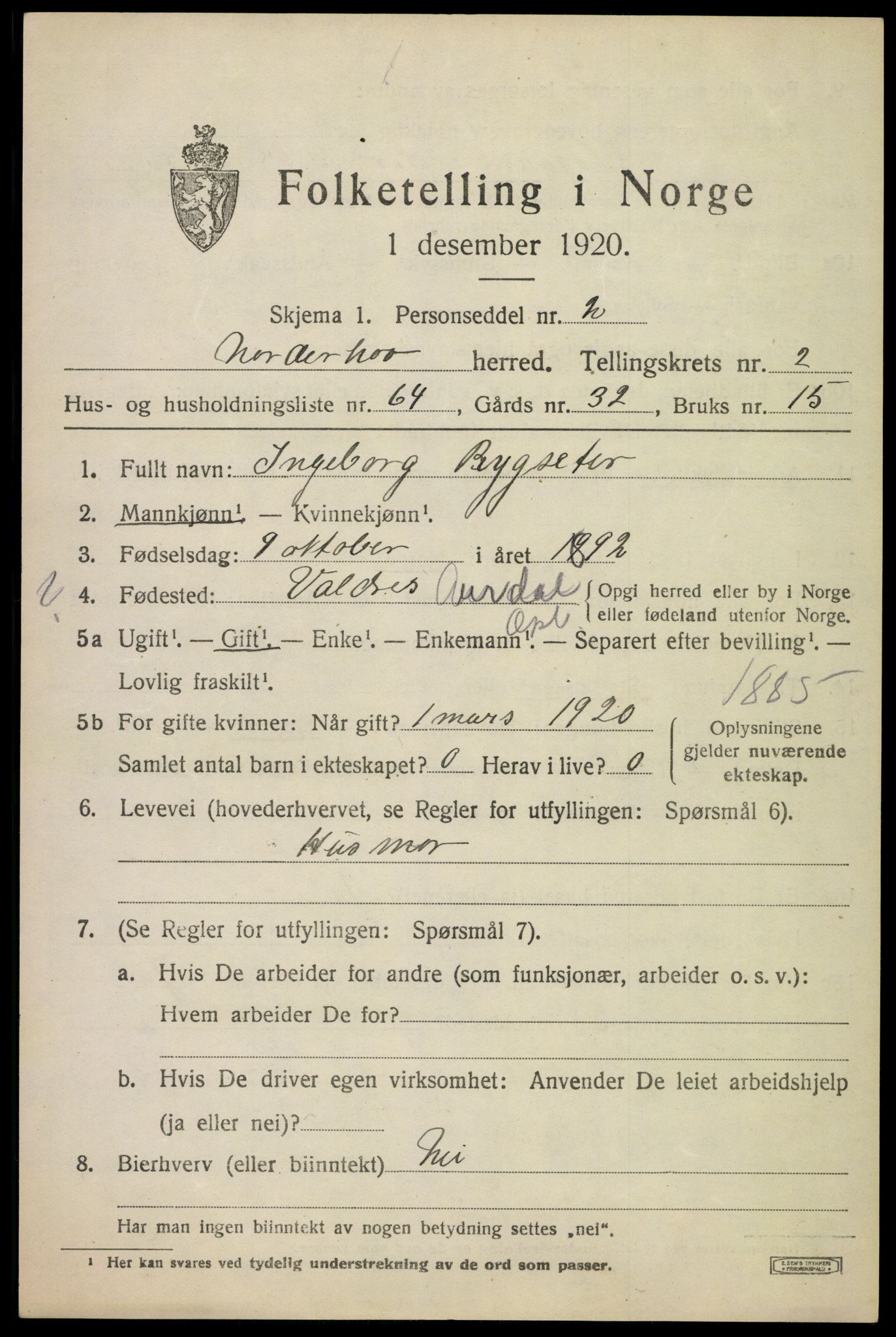 SAKO, 1920 census for Norderhov, 1920, p. 5224