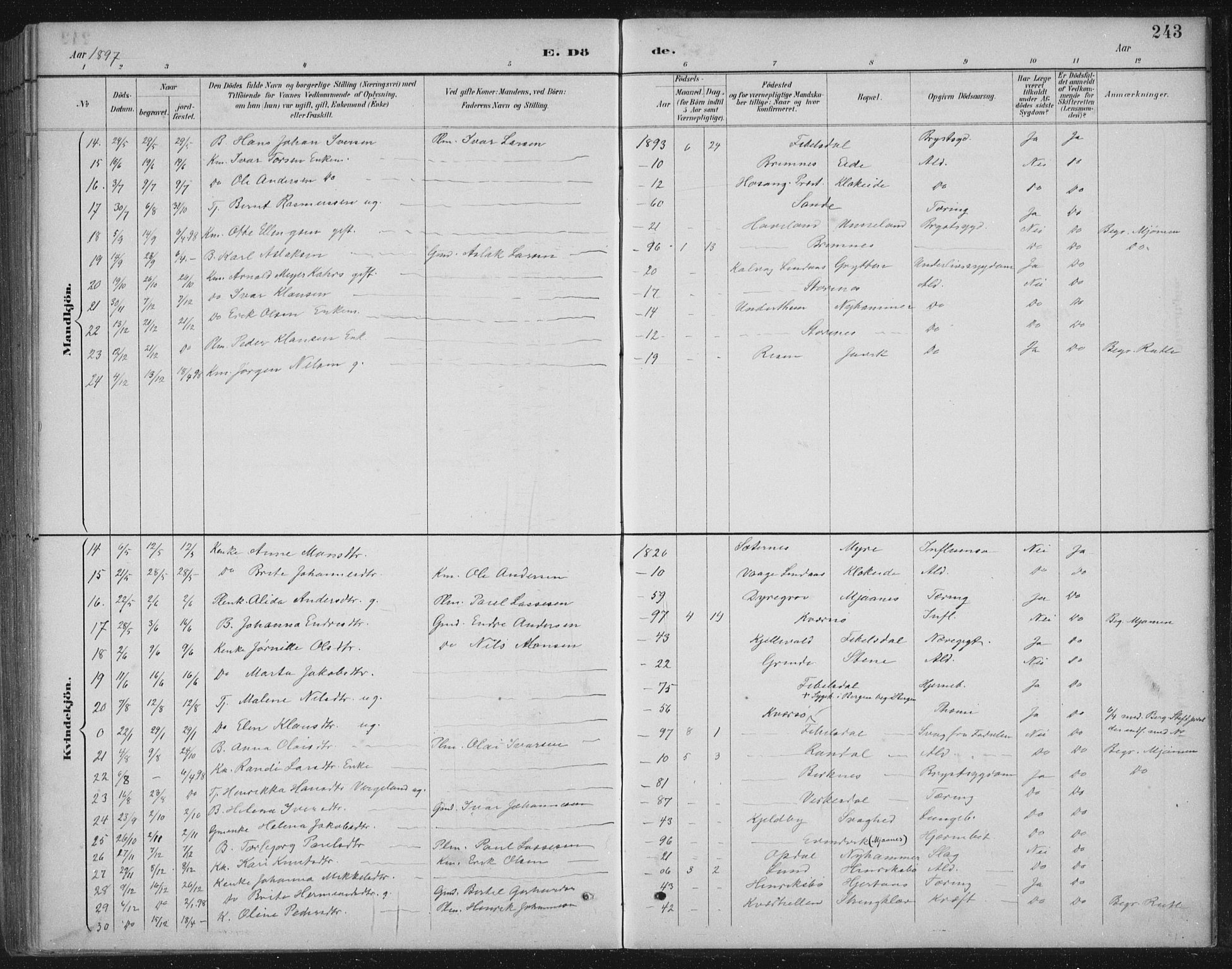 Gulen sokneprestembete, AV/SAB-A-80201/H/Hab/Habb/L0003: Parish register (copy) no. B 3, 1884-1907, p. 243